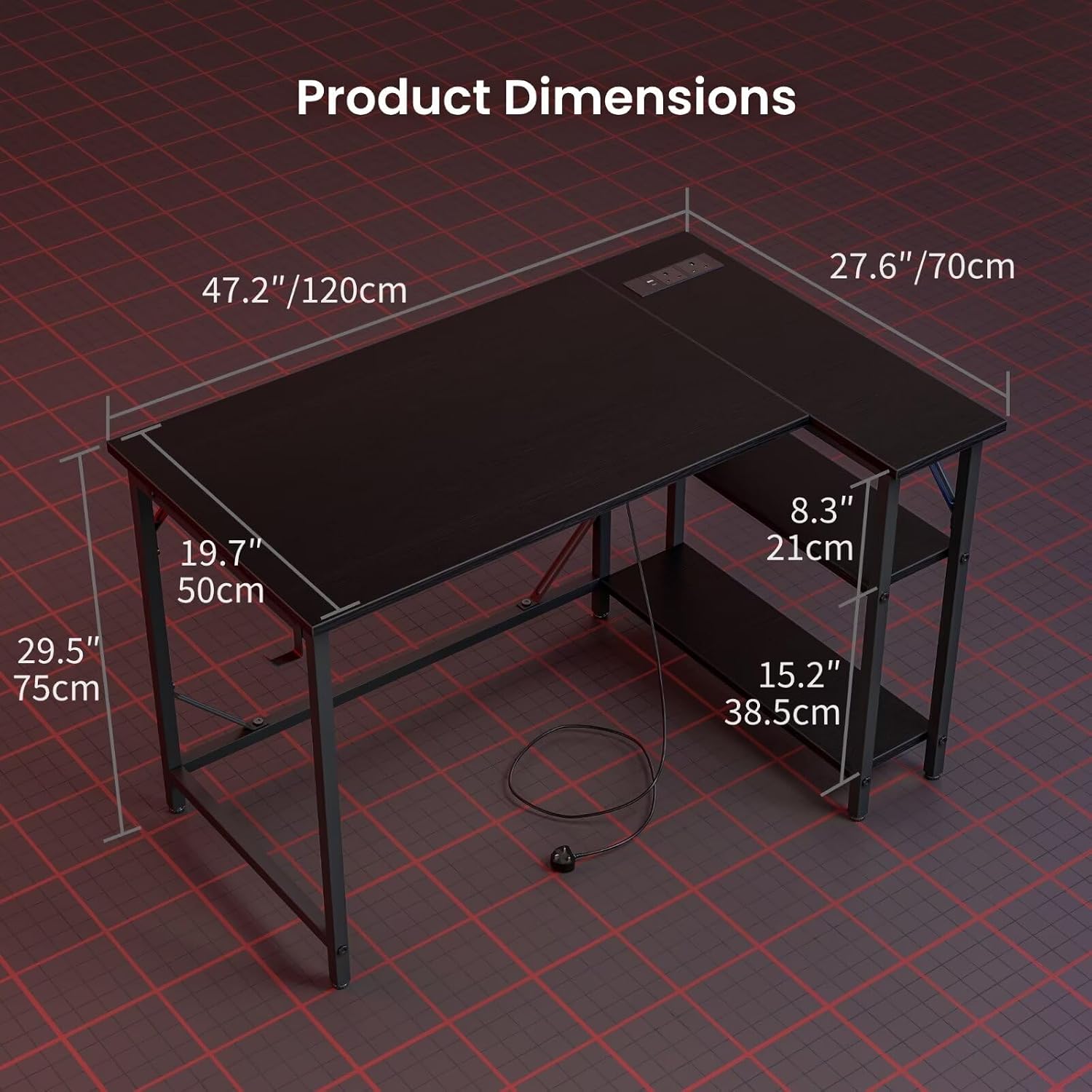 Thumbnail 2 de DOMSHOCT 120 x 70cm L-shaped gaming desk with power outlets, reversible storage shelves and headphone hook (black)