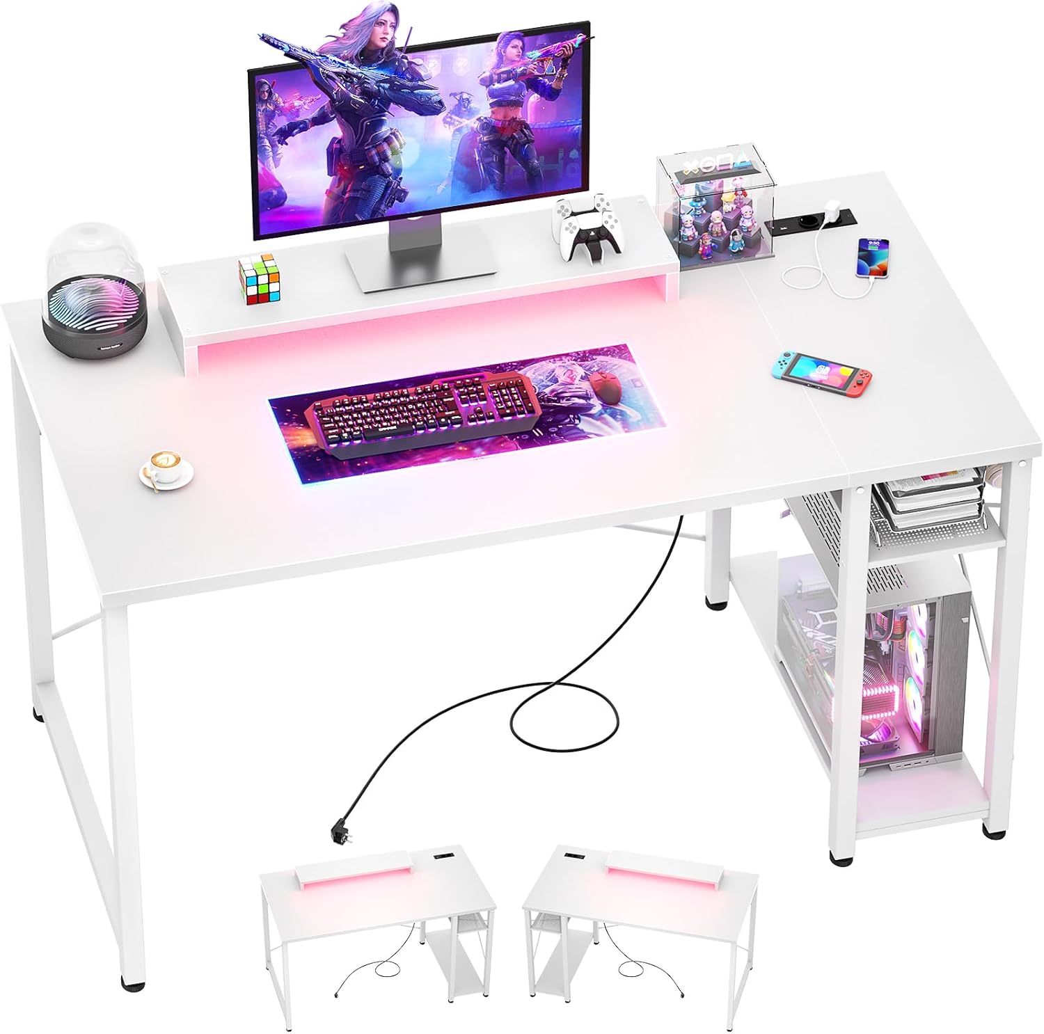 Detalle de iSunirm Bureau Gaming Blanc 100×50cm – Bureau gaming compact avec LED RGB, 2 prises et 2 USB intégrés
