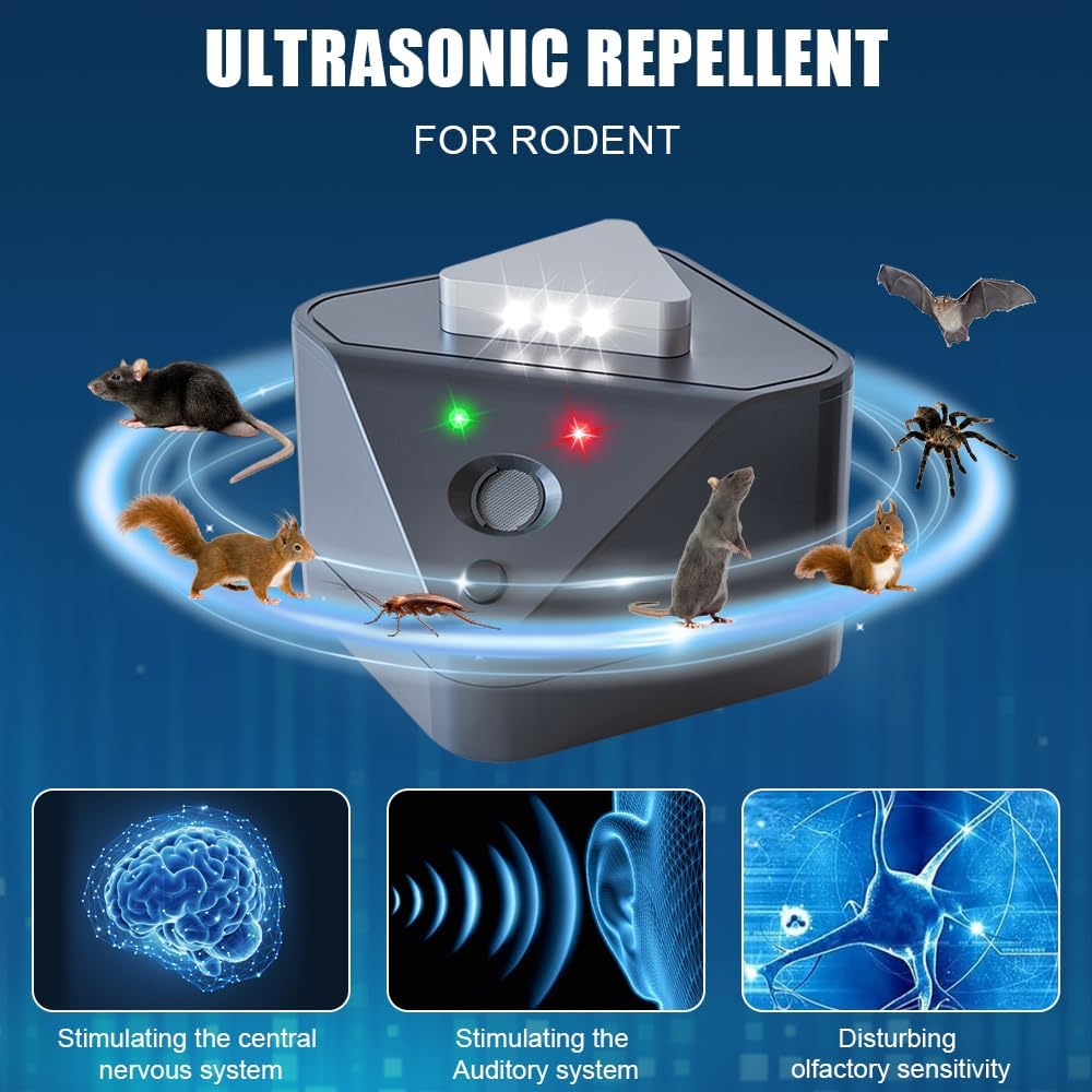 Detalle de HUAJUN 73504 ultrasone muizen- en rattenverjager, 360° en met ledlicht