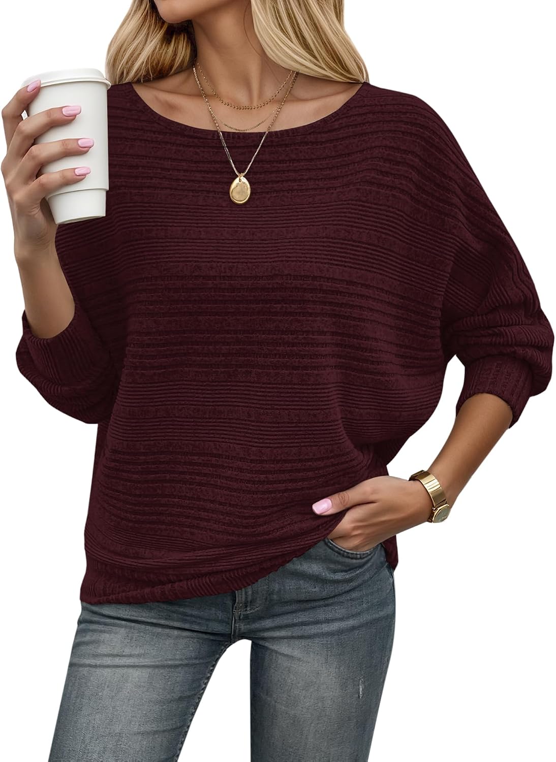 Detalle de WNEEDU Women's Ribbed Tunic Sweater with Long Sleeves and Batwing Cut