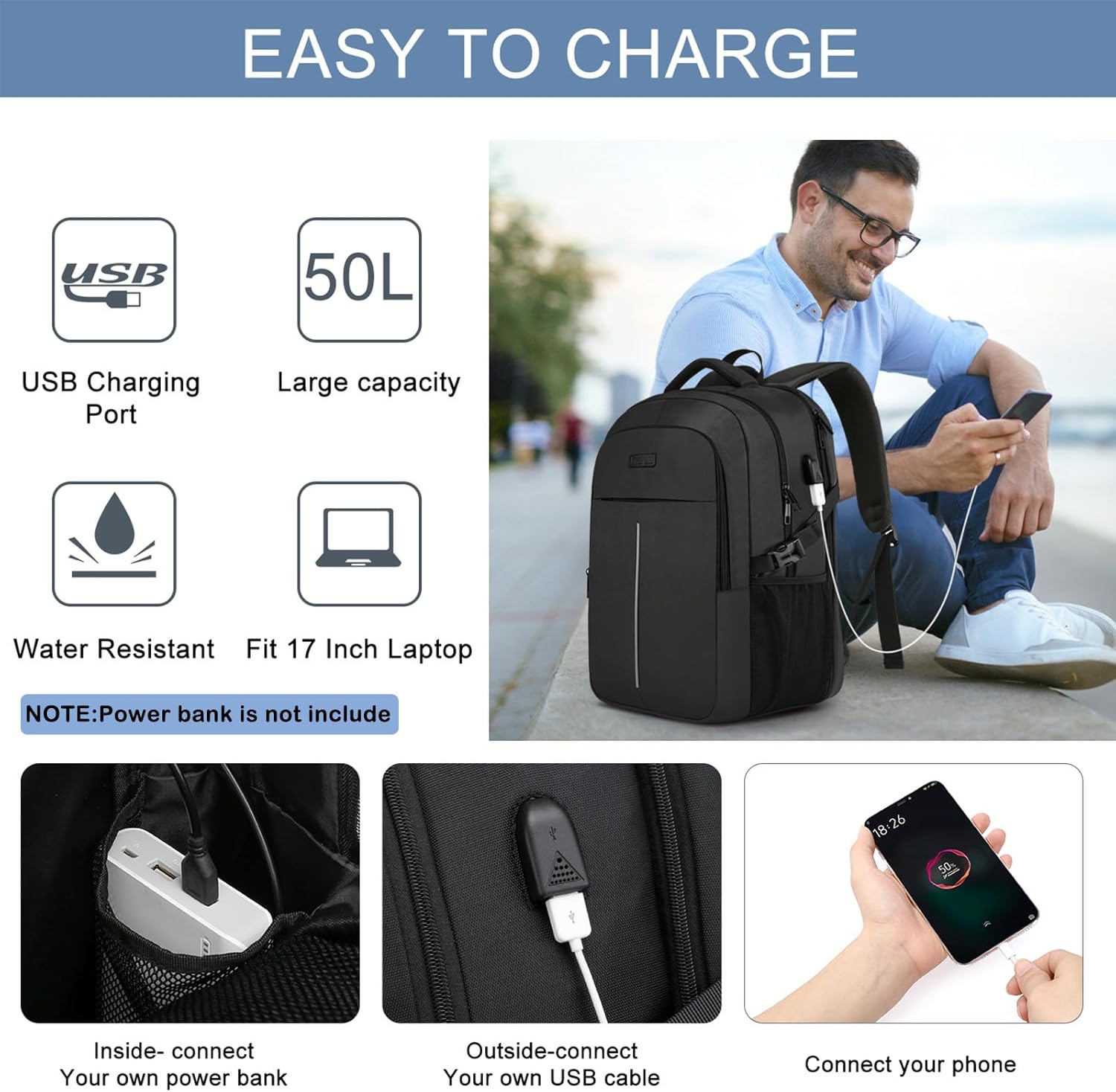 Detalle 2 de Groß Herren Laptop Rucksack 17 Zoll USB-Ladeanschluss