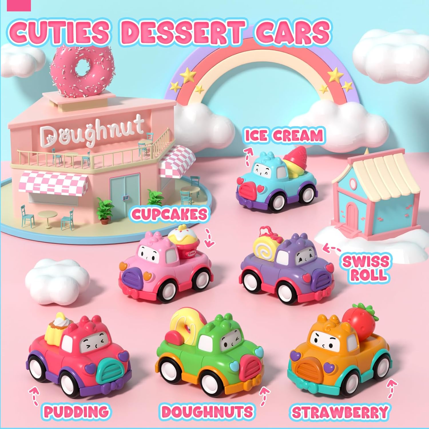 Detalle 2 de Lehoo Castle toddler dessert pull-back car set (rainbow bag, 7 pcs) for 1–3 year old girls