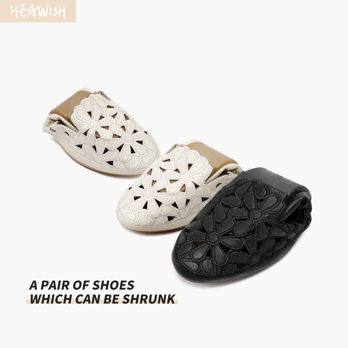 Detalle de HEAWISH Women’s Floral Ballet Flats (Black/Beige) — Slip-On Round-Toe Dress Shoes
