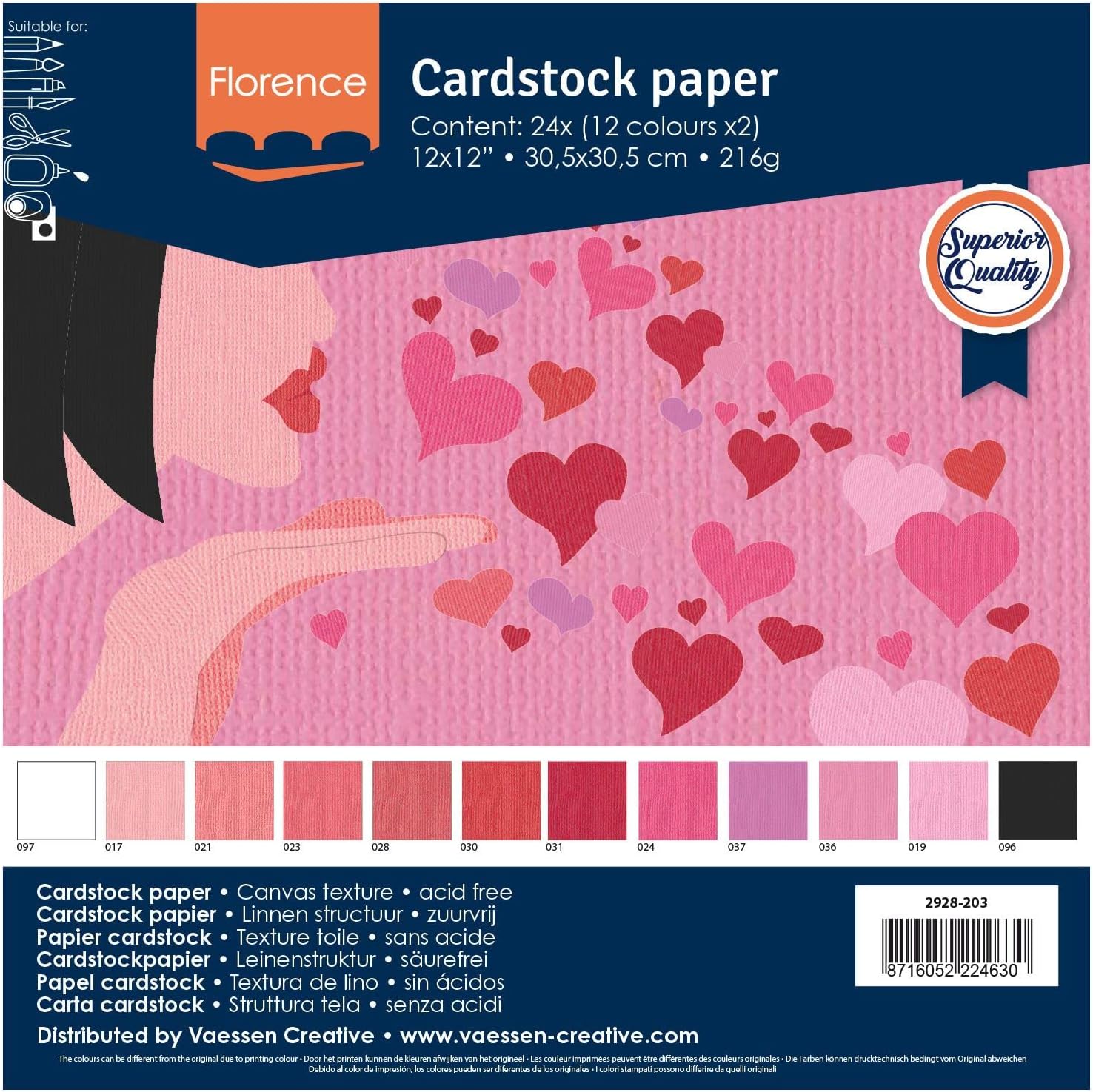 Thumbnail 4 de Vaessen Creative Florence Papier Cartonné – Couleurs de Saint Valentin, 216 g/m², 30,5 x 30,5 cm, 24 feuilles