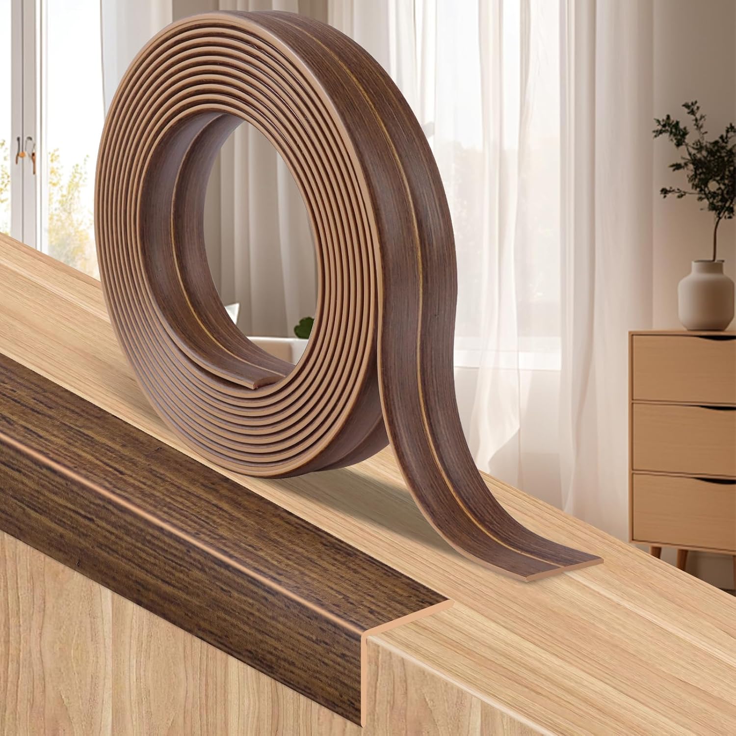Detalle de XiangEStar zelfklevende PVC-hoeklijst, 6 m, bruine houtnerf