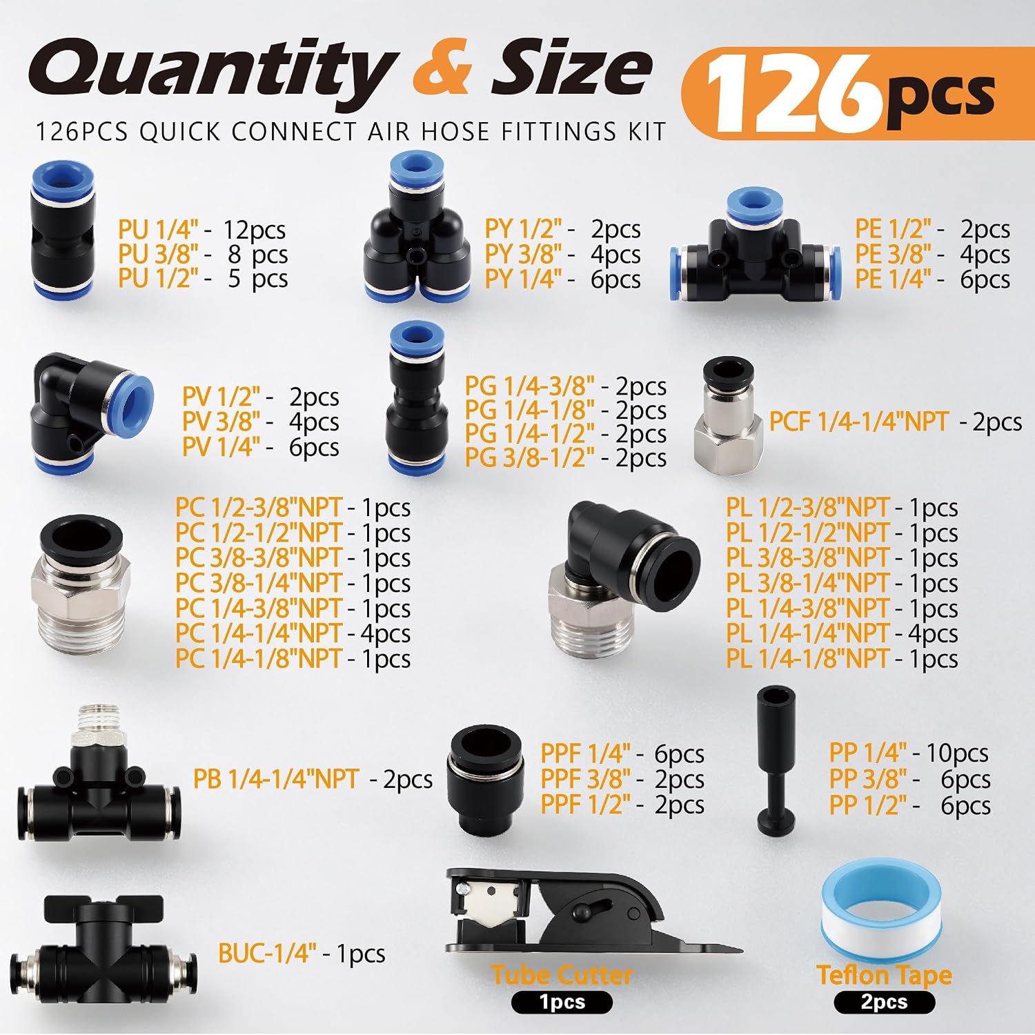 Detalle de Taxutor 126-Piece Quick-Connect Air Hose Fitting Kit, 1/4", 3/8" and 1/2" NPT
