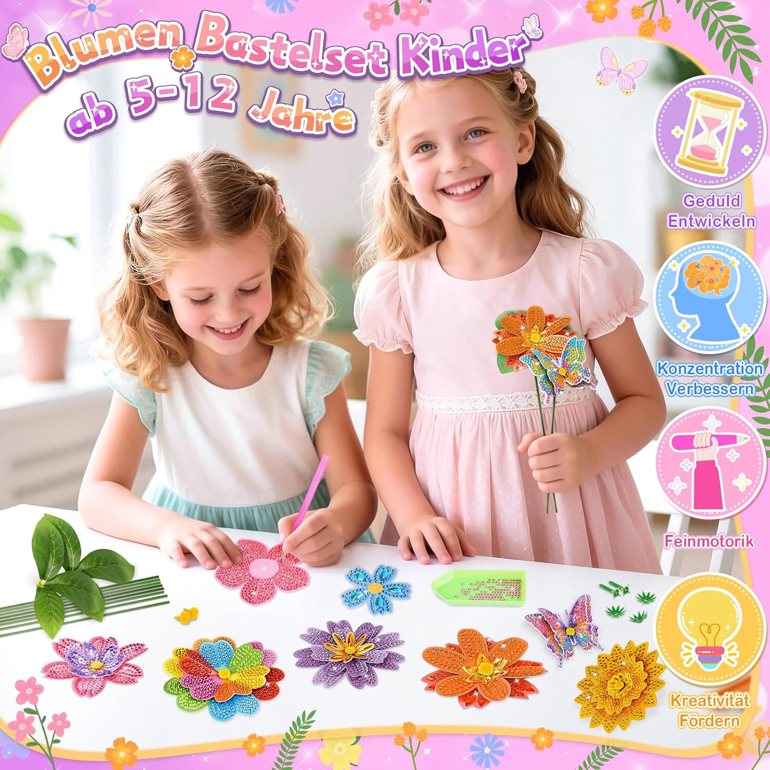 Thumbnail 1 de Diamond Painting Bastelset für Kinder ab 5–12 Jahren – Blumenstrauß DIY zum Verschenken