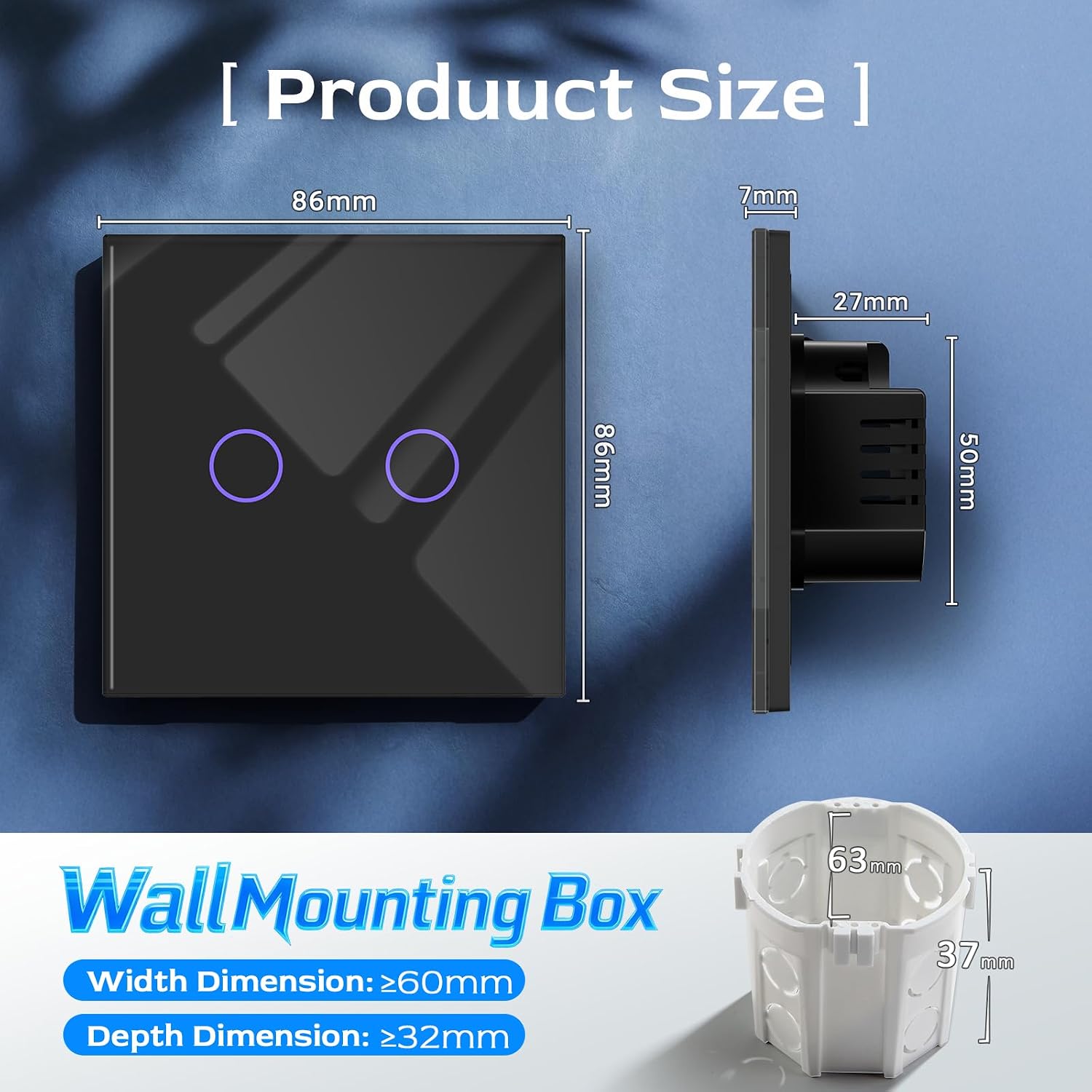 Thumbnail 1 de BSEED Touch Light Switch 2 Gang 1 Way: Glass Panel, LED Indicator, No Neutral Wire