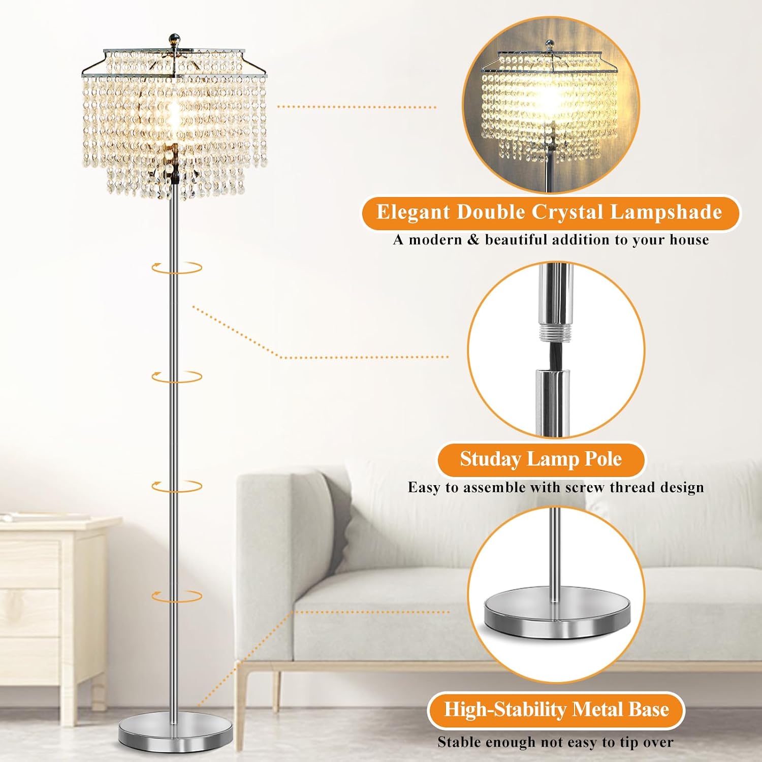 Thumbnail 2 de Luvkczc T00067 Crystal Floor Lamp, Silver Crystal Shade, 8W LED