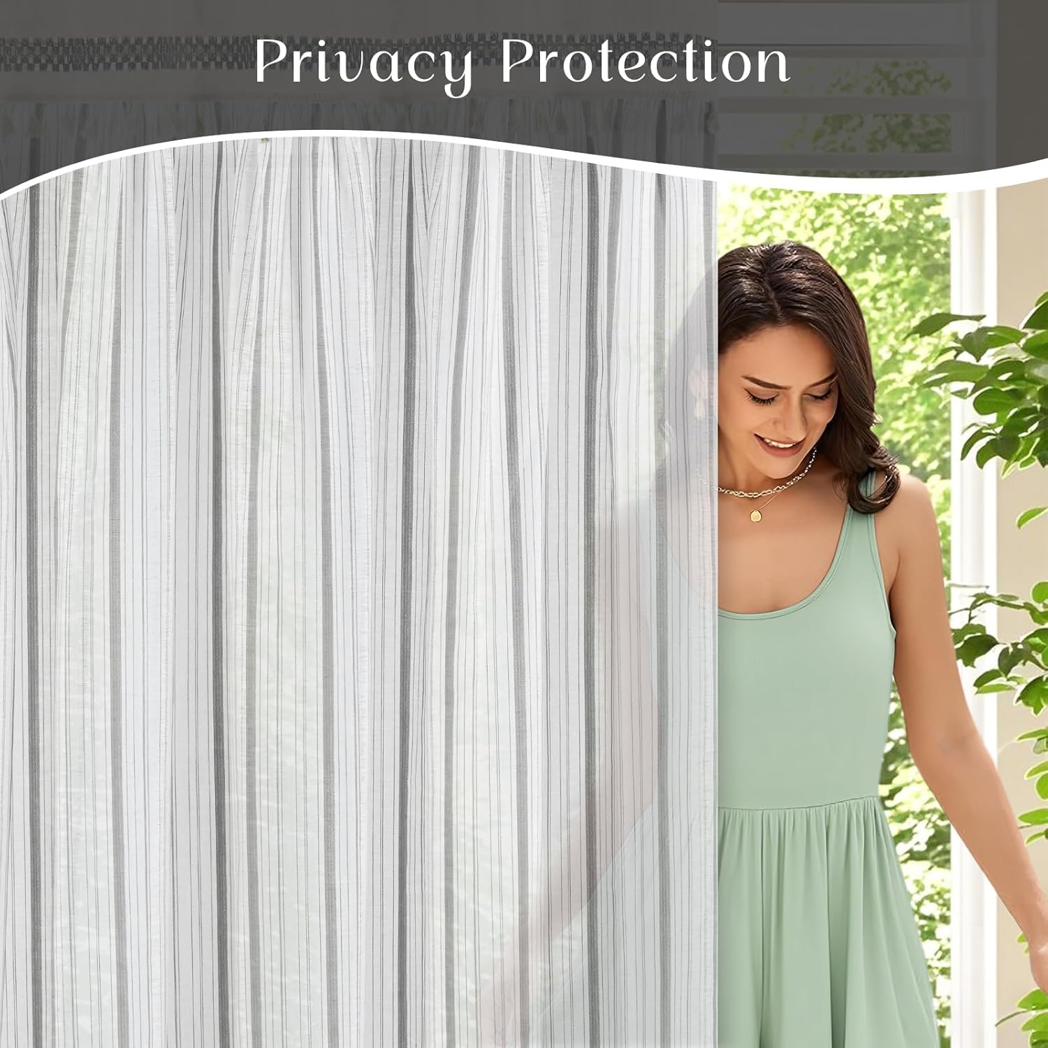 Detalle 2 de FRAMICS Linen Curtains 63 Inch Grey Striped Drapes 🪟