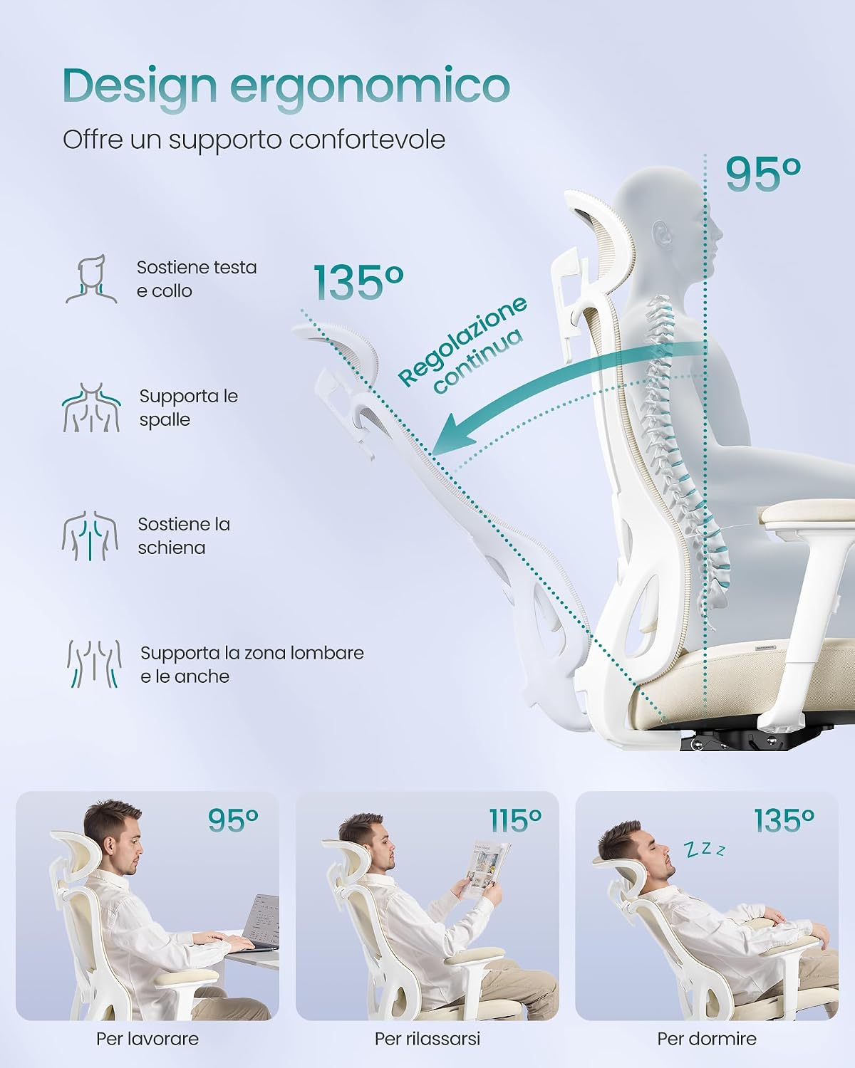 Detalle 2 de SONGMICS OBN066LF01 sedia da ufficio ergonomica con poggiatesta e supporto lombare regolabili
