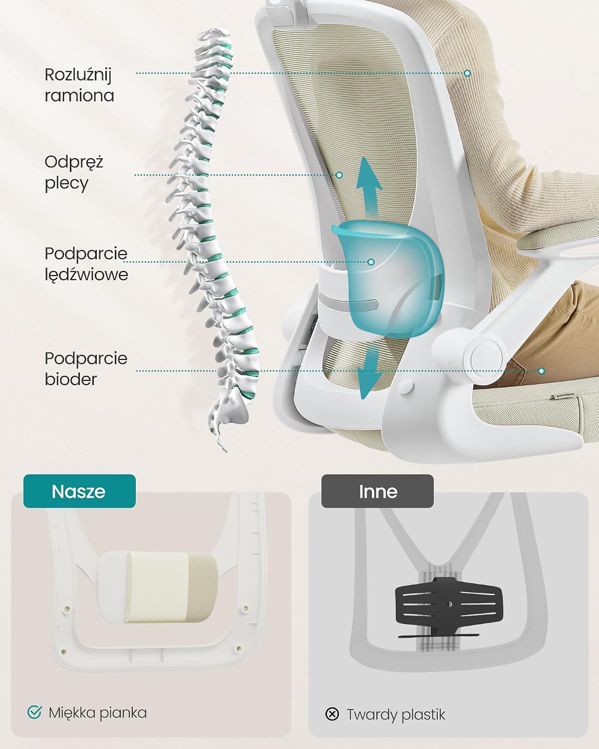 Detalle 2 de SONGMICS UOBN037K02 – ergonomiczny fotel biurowy z siatką, zagłówkiem i regulacją