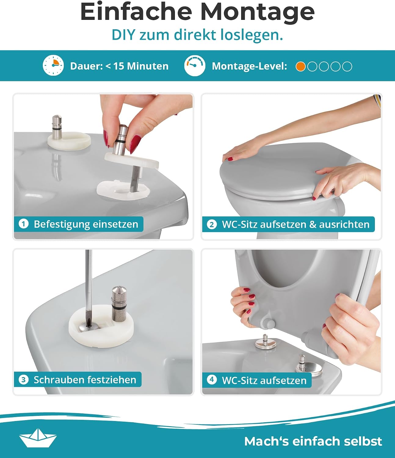 Detalle 2 de Calmwaters Premium WC-Sitz mit einfacher Montage – antibakterielles Duroplast, Absenkautomatik, bis 250 kg, Manhattan-Grau