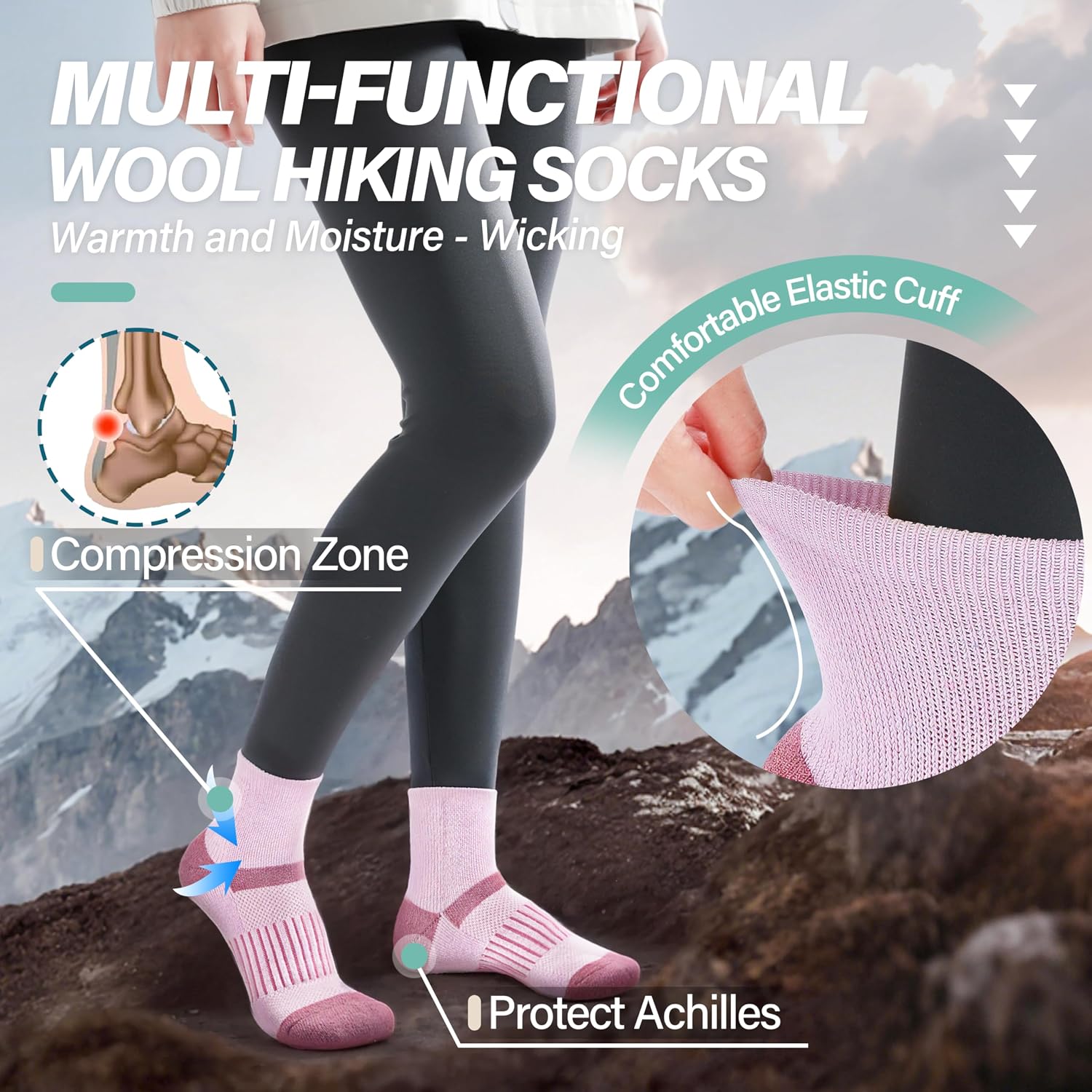 Detalle de MOSEY KOSY Merino Kurz Viertellänge Wandersocken – 6 Paar warme, atmungsaktive Wollsocken für Herren und Damen