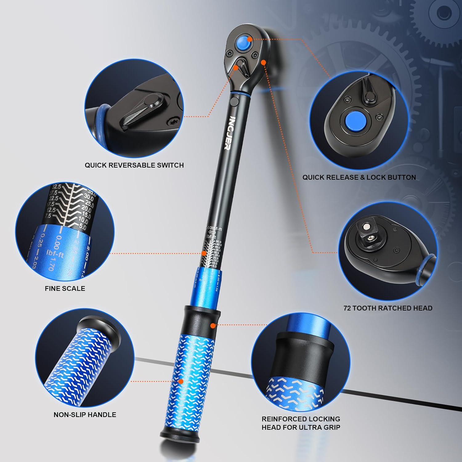 Thumbnail 1 de INGJER Upgrade 3/8" Drive Click Torque Wrench (5-50 Ft-Lb) – Dual-Direction, 72-Tooth, Chrome Vanadium