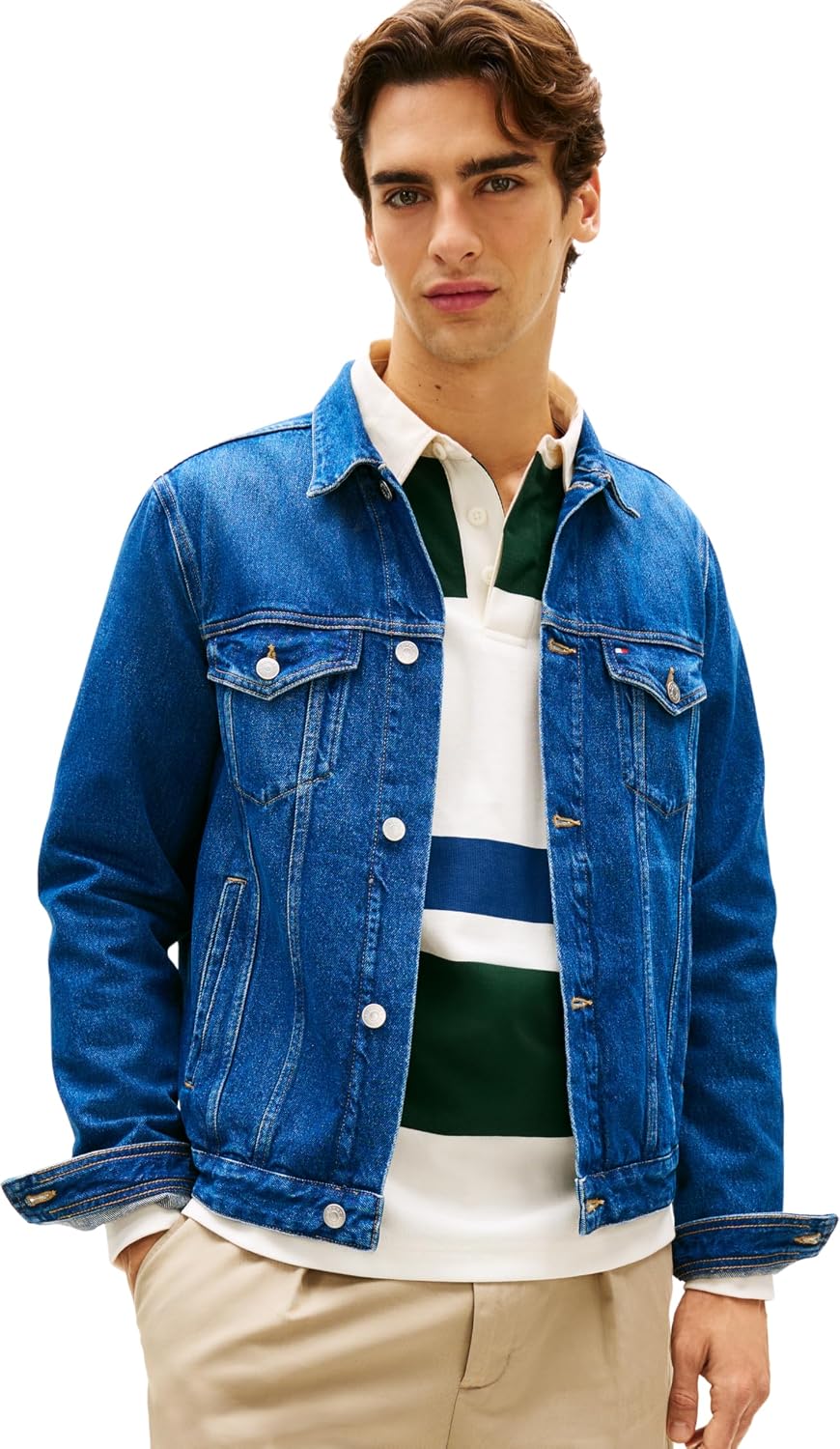Detalle de Tommy Hilfiger Men's Regular Trucker Jacket Ike Blue – a versatile, regenerative denim staple