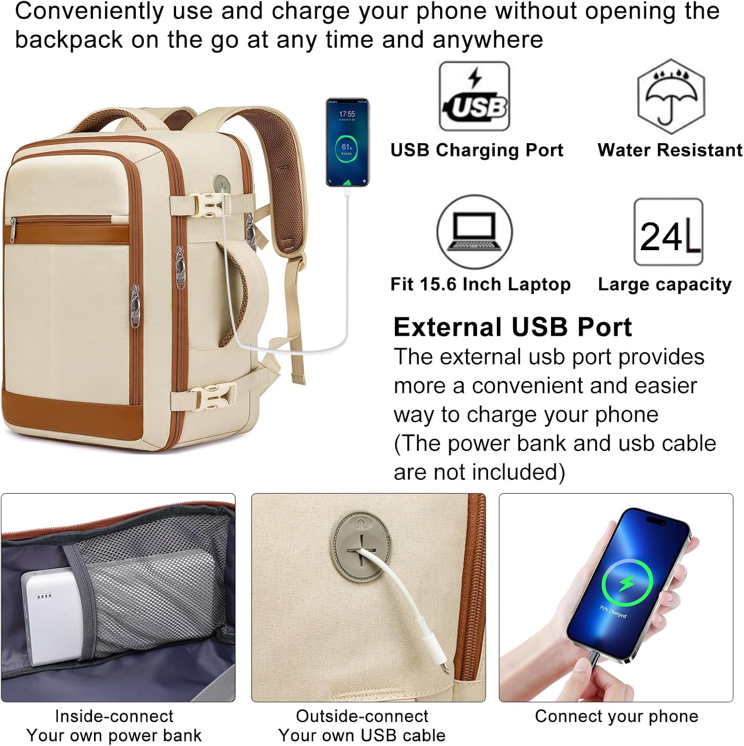 Thumbnail 4 de Travel Backpack for Women: Airline-Approved Carry-On with Shoe Pouch and 15.6” Laptop Compartment — Beige
