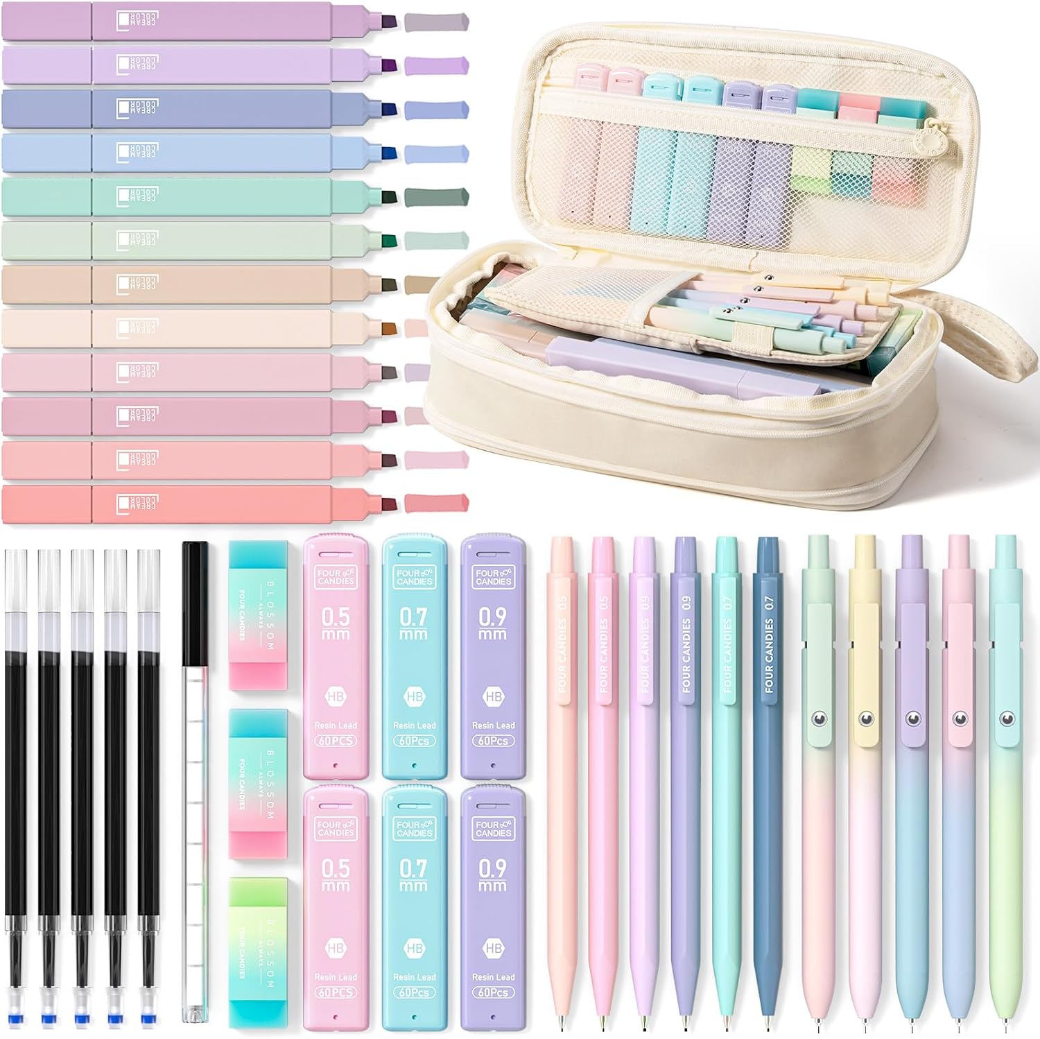 Detalle de Four Candies 39-teiliges Schulset mit Mäppchen (Creme) – Pastell-Textmarker, Gelstifte und Druckbleistifte