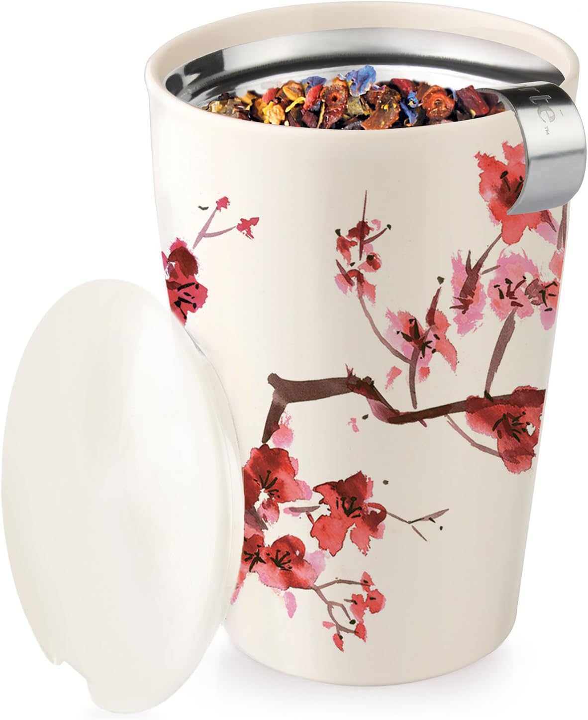 Detalle de Tea Forte Double-Walled Ceramic Kati Cup with Removable Stainless Steel Infuser Basket and Lid — Cherry Blossom
