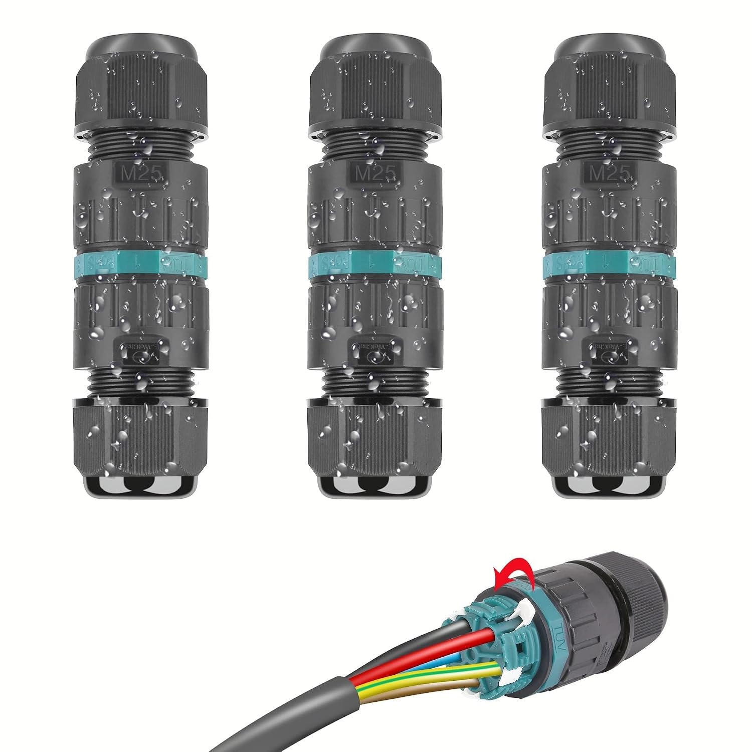 Detalle de HOSPAOP EW-M25 waterdichte 5-polige kabelconnector IP68, voor Ø5–14 mm
