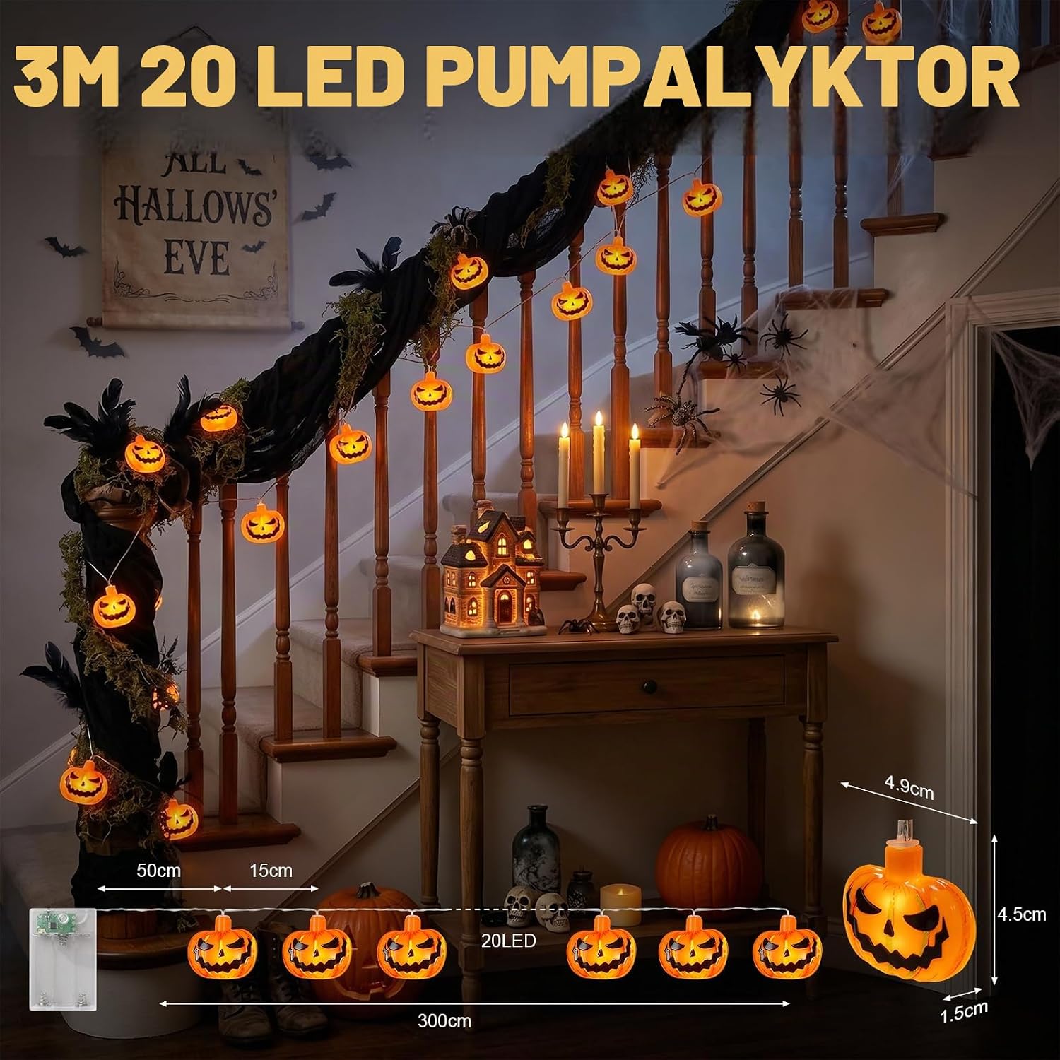 Thumbnail 5 de A.bigwhale Halloweenljusslinga med pumpor, 20 orange LED och timer