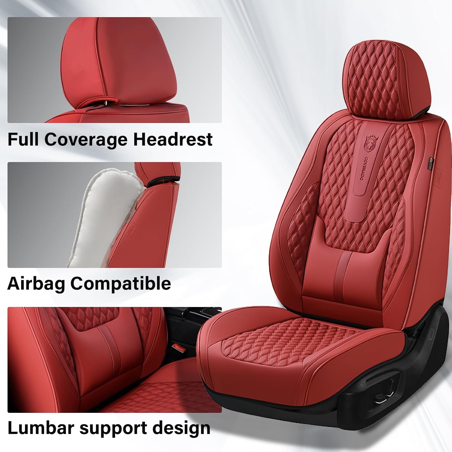 Detalle de Coverado Car Seat Covers Full Set with Red Nappa Leather, Lumbar Support & Universal Fit