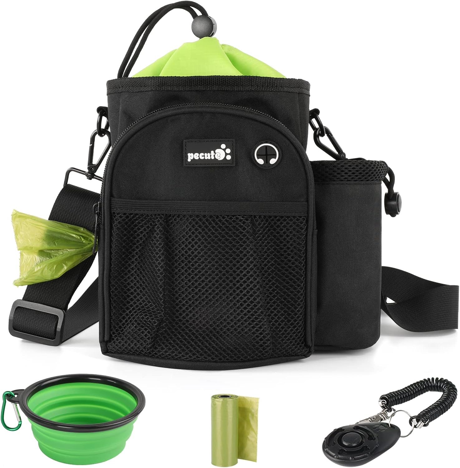 Detalle de Pecute XL Dog Walking Bag with Water Bottle Holder (Black) – 22×21×16CM, 5 Pockets, Waterproof