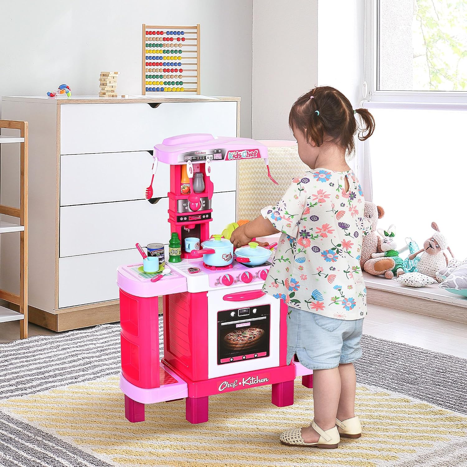 Detalle de HOMCOM kinderkeuken met 38 accessoires, geluiden en lichtjes in roze