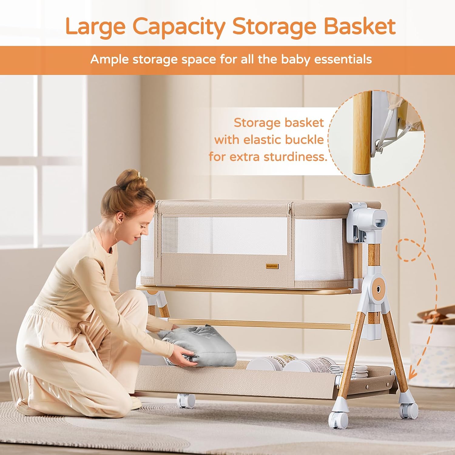 Thumbnail 5 de kingobabys HM-P601 3-in-1 Baby Bassinet, 6 Heights, Mesh Sides, Khaki