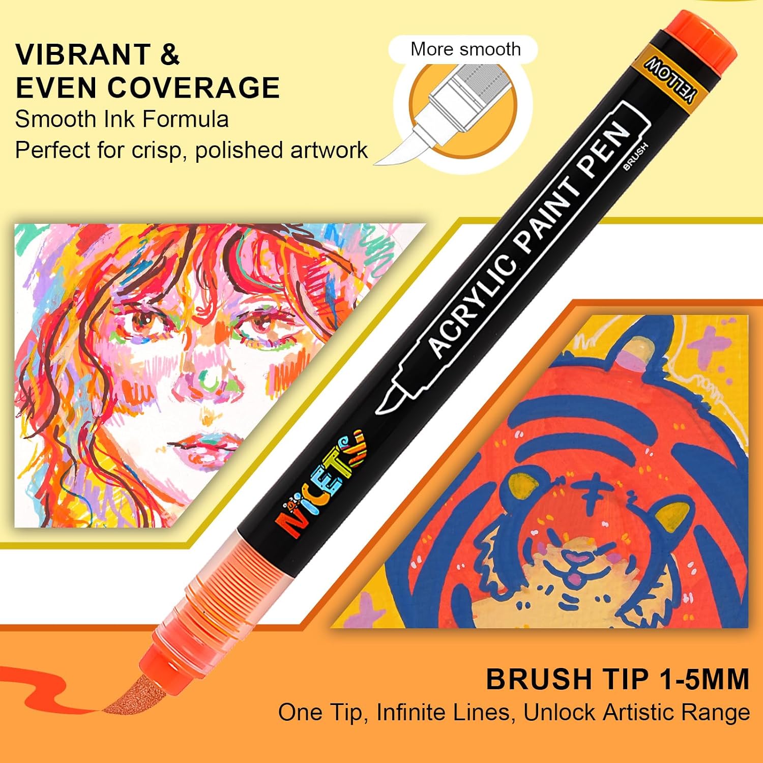 Detalle de NICETY 32 Colour Yellow Acrylic Paint Pens (1–5mm) – Water-Based Acrylic Markers with Brush Tip