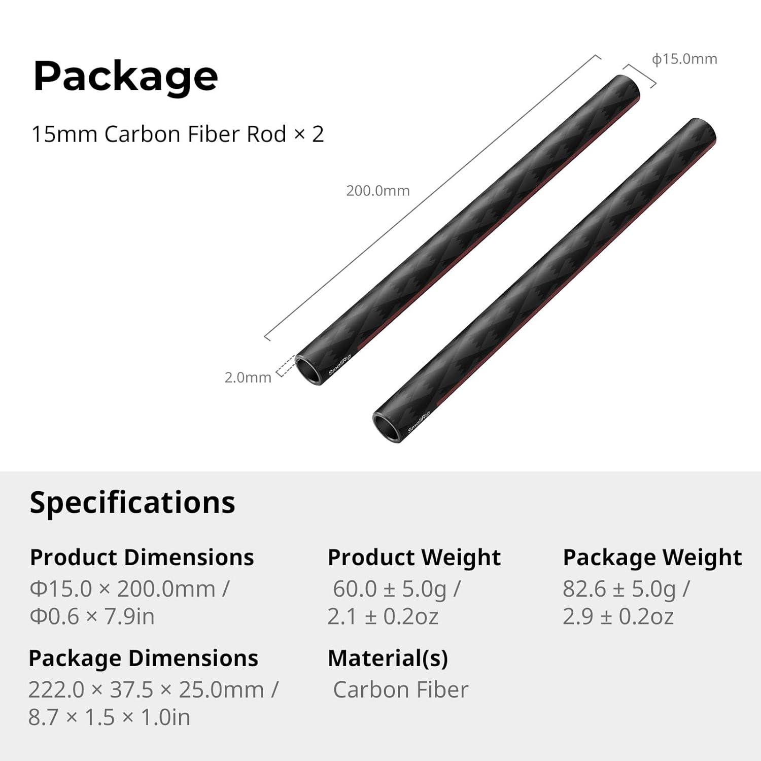 Thumbnail 5 de SMALLRIG Tige en Fibre de Carbone 15 mm – lot de 2, 20 cm (réf. 5211)