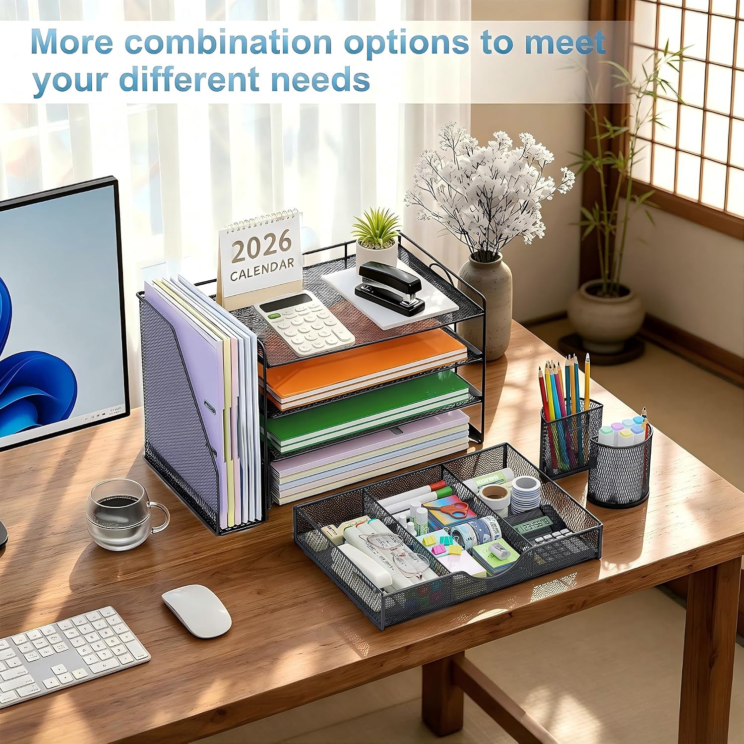 Detalle de Quhombo Desk Organiser with File Holder – 4-Tier Mesh Office Storage (Black)