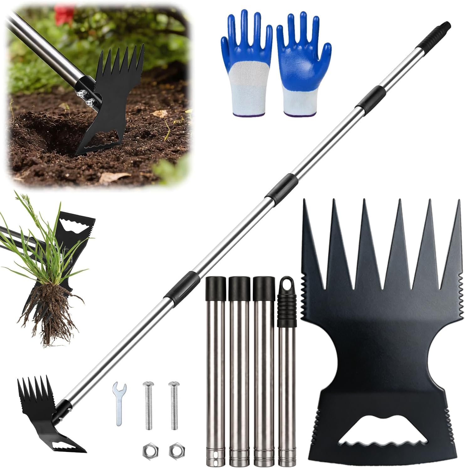 Detalle de 2-in-1 Weed Rake & Hoe Combo – Adjustable Heavy Duty Weeder (59in/150cm) with Stainless Steel Build