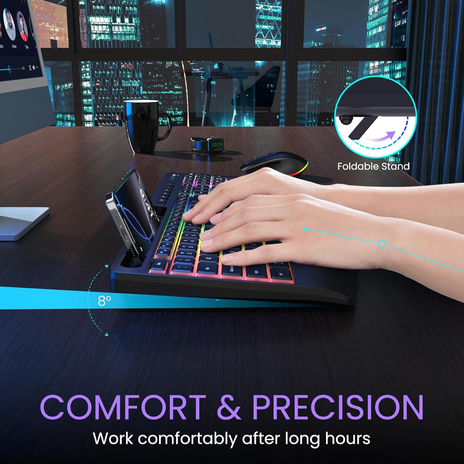 Detalle de VEILZOR 2.4G Wireless Keyboard and Mouse Combo with Phone Holder, Rechargeable + RGB Wrist Rest