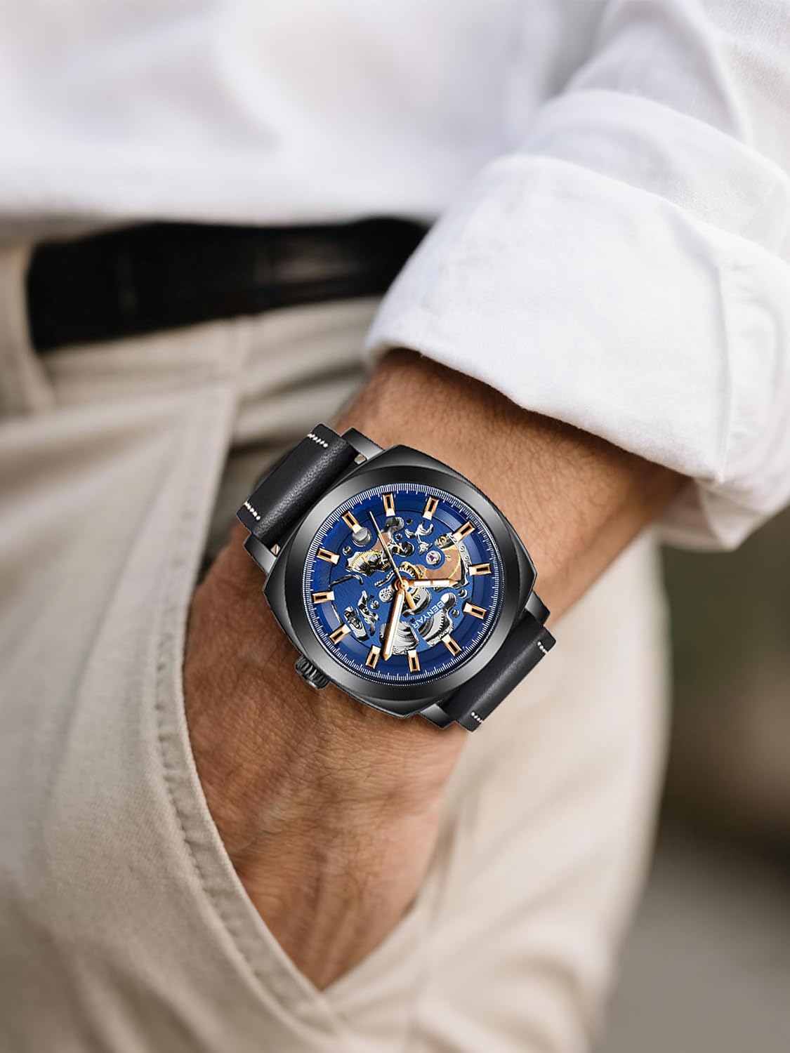 Detalle de BENYAR Herren Automatik Uhr mit Skelettzifferblatt – 45 mm, Lederarmband