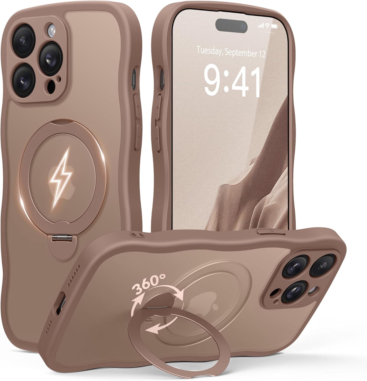 GolbinBox iPhone 14 Pro Women’s Case with MagSafe, 360° Magnetic Stand, Wave Edge & Military-Grade Drop Protection (Brown)