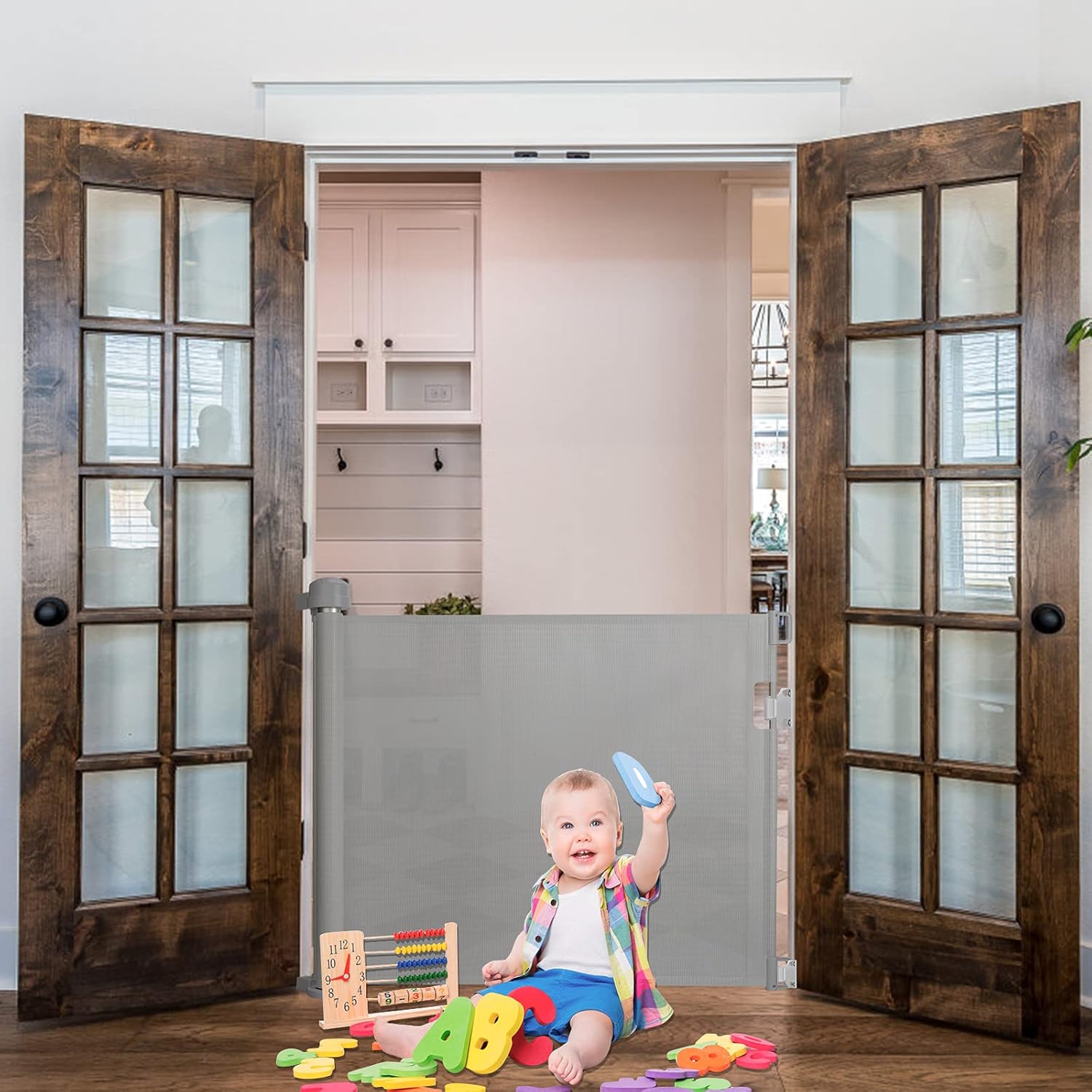 Detalle de LARS360 Türschutzgitter Ausziehbar 0-150 cm – Treppenschutzrollo für Baby und Haustier, Grau