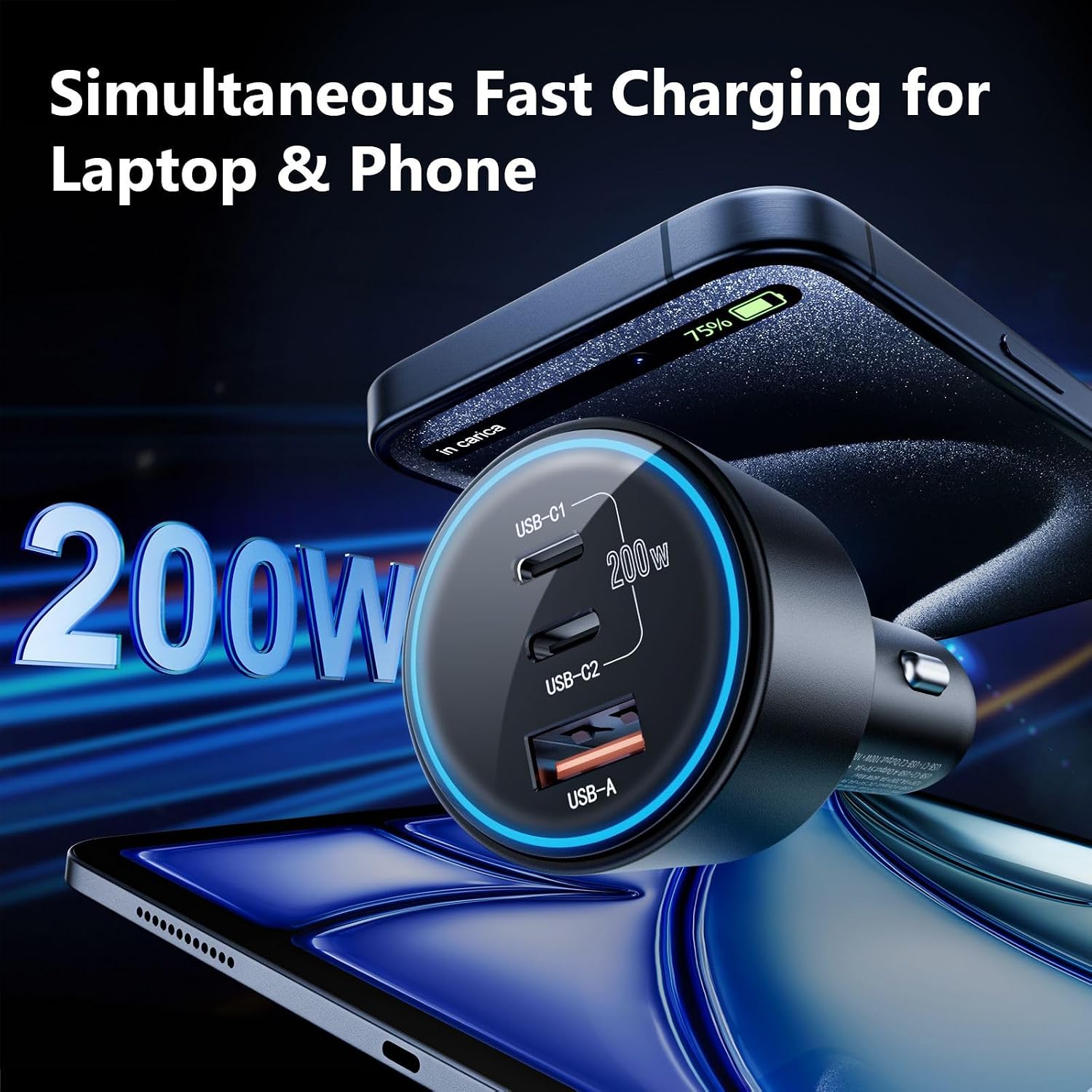 Thumbnail 1 de USB C Car Charger 200W Dual PD 100W + USB-C PD3.0/QC4.0 Car Charger for 12V-24V Vehicles