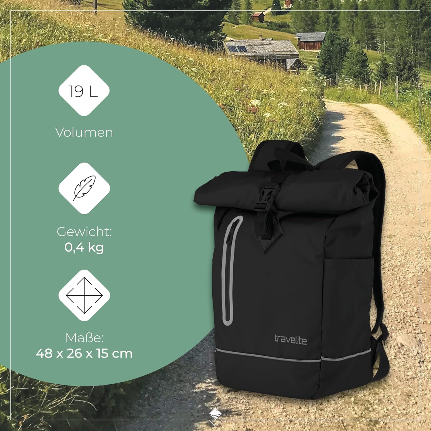 Detalle de Travelite BASICS Rolltop-Rucksack wasserfest mit Reflektoren (19 Liter)