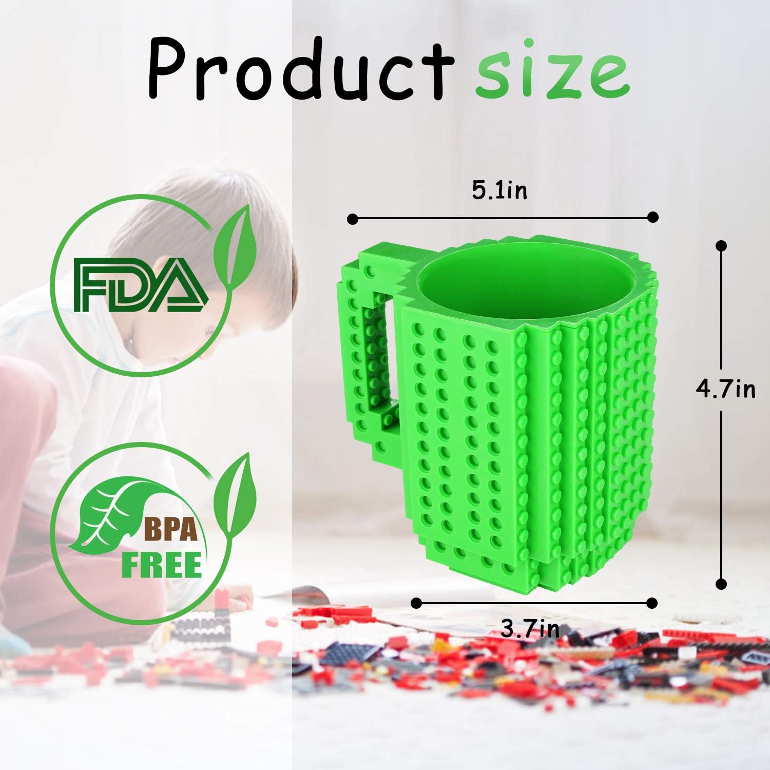 Detalle de Sinnsally MKB771 Build-On Brick Coffee Mug, Green, 450 ml BPA-Free Plastic