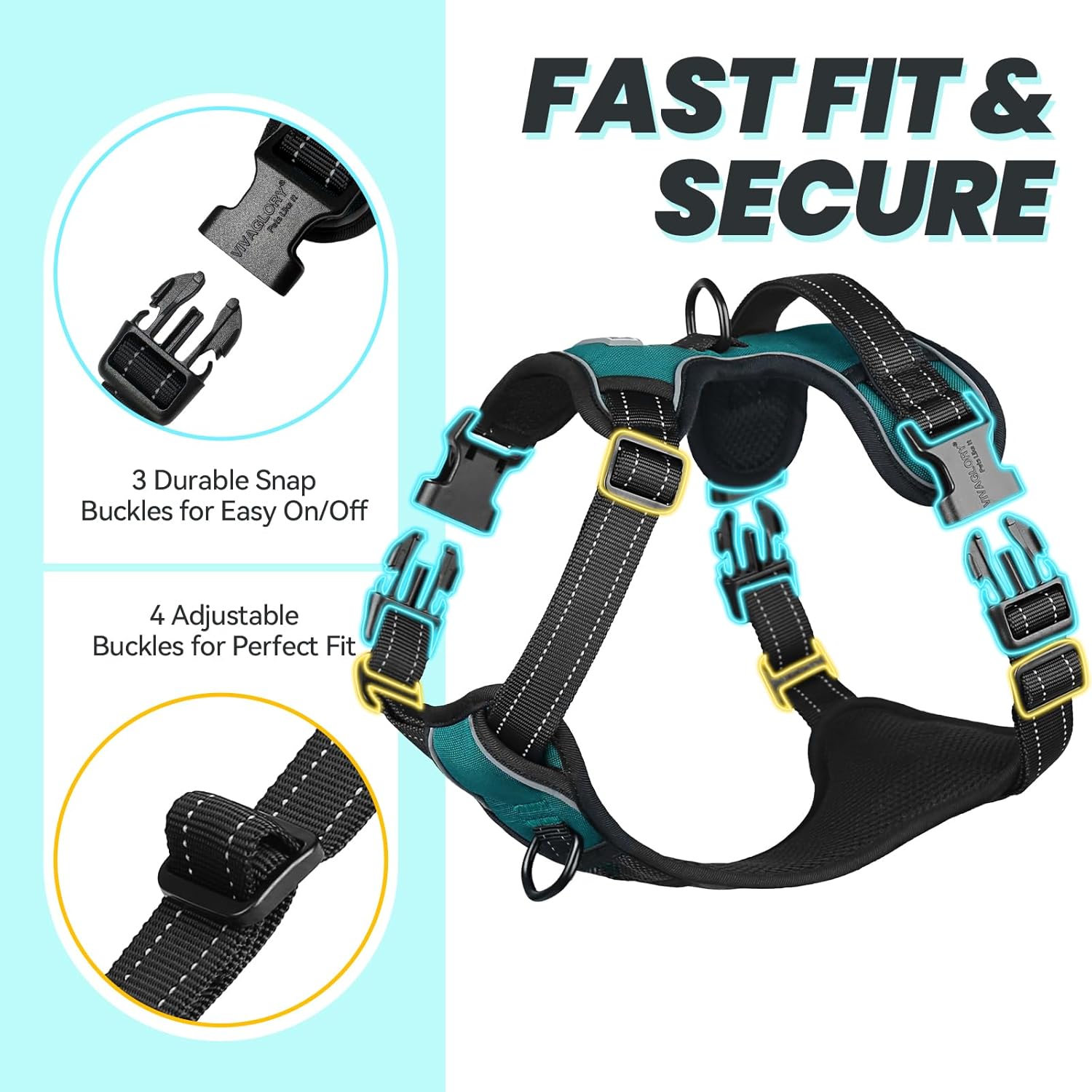 Detalle de VIVAGLORY Easewalk No Pull Dog Harness with Front Clip, Back Clip and Handle (L) in Teal