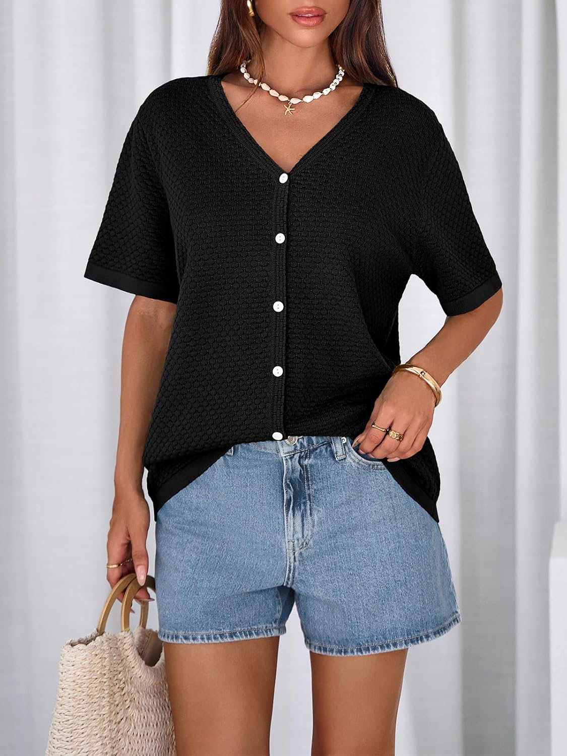 Thumbnail 2 de NALANISA V-Neck Striped Crochet Knit Top