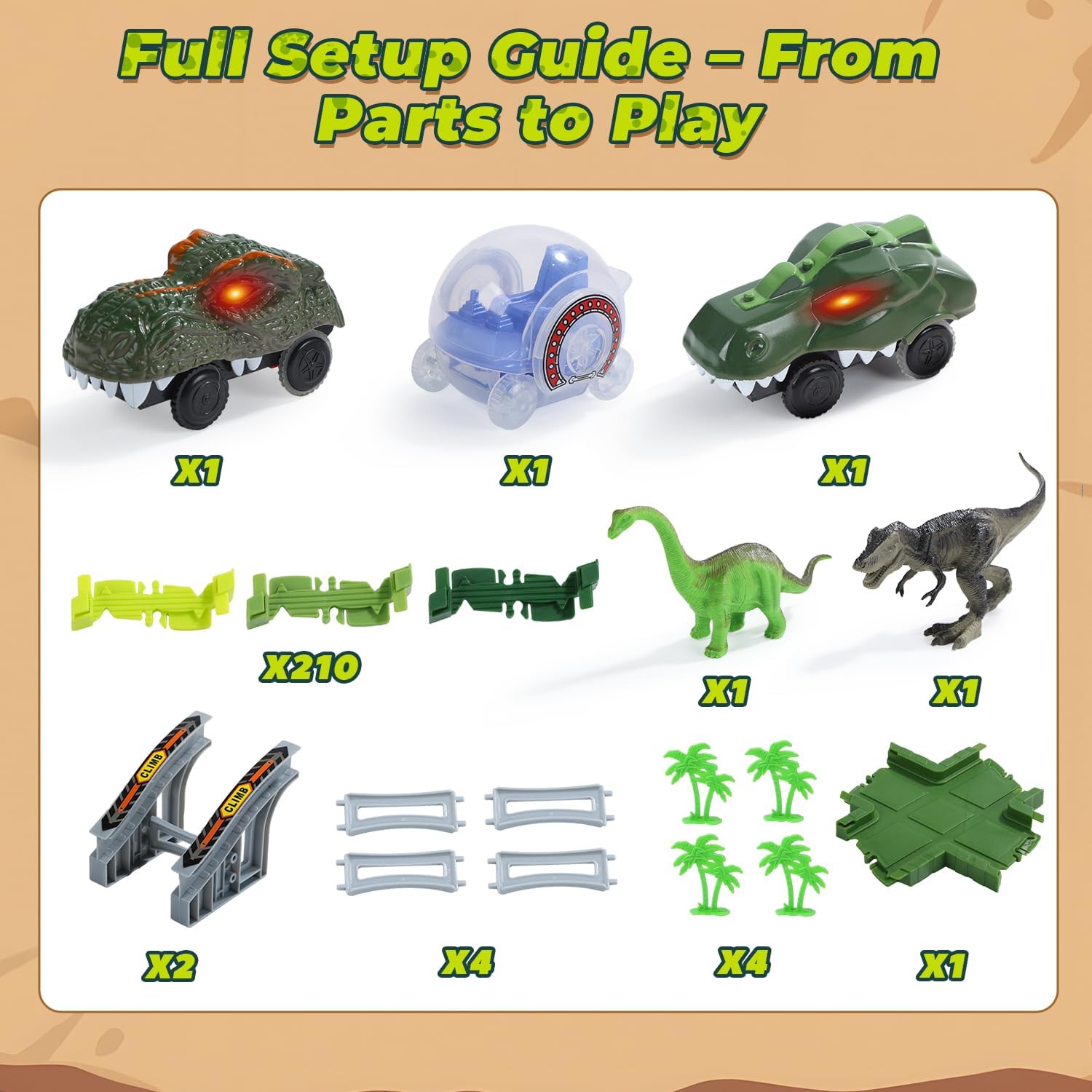 Detalle 2 de EagleStone Dinosaur Race Track Toy Set (210 pieces) — Light-Up Dino Cars & Figures