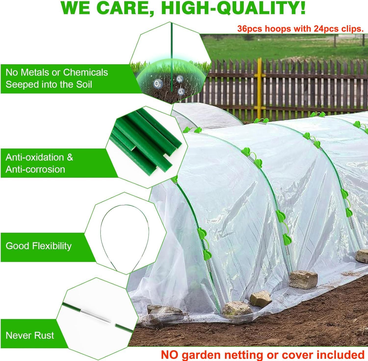 Thumbnail 1 de 36pcs Garden Hoops for Raised Beds: Flexible Fiberglass Tunnel Kit with Clips