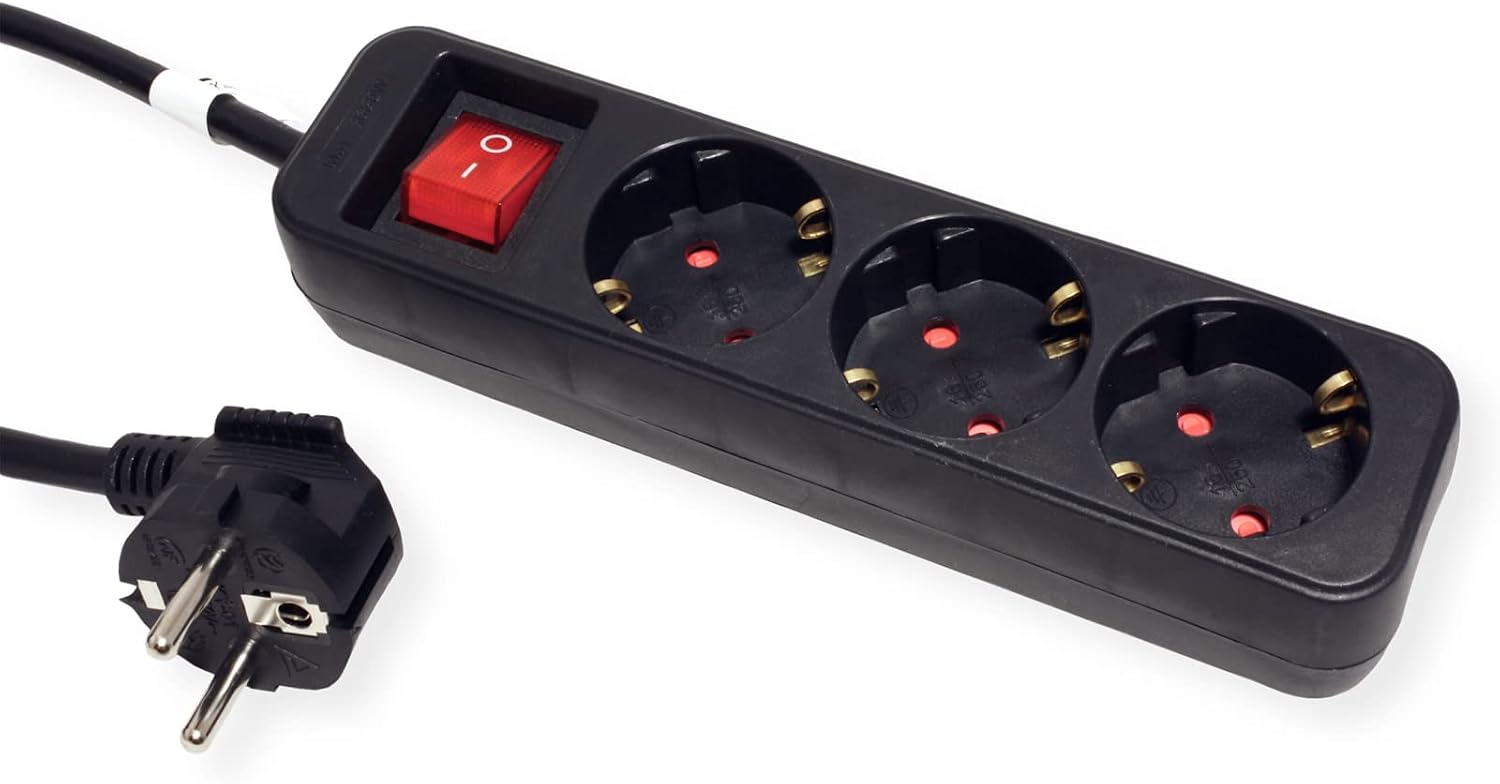 Detalle de ROLINE grenuttag med 3 uttag, 2 USB-portar och 6 m kabel