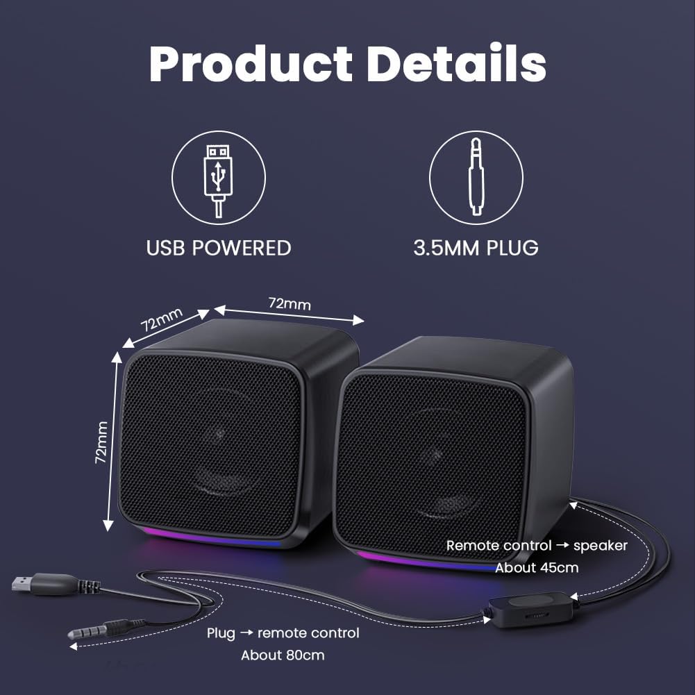 Detalle de Vicloon USB-powered 2.0 PC Speakers with RGB Lighting – Compact 3W x 2 Stereo System