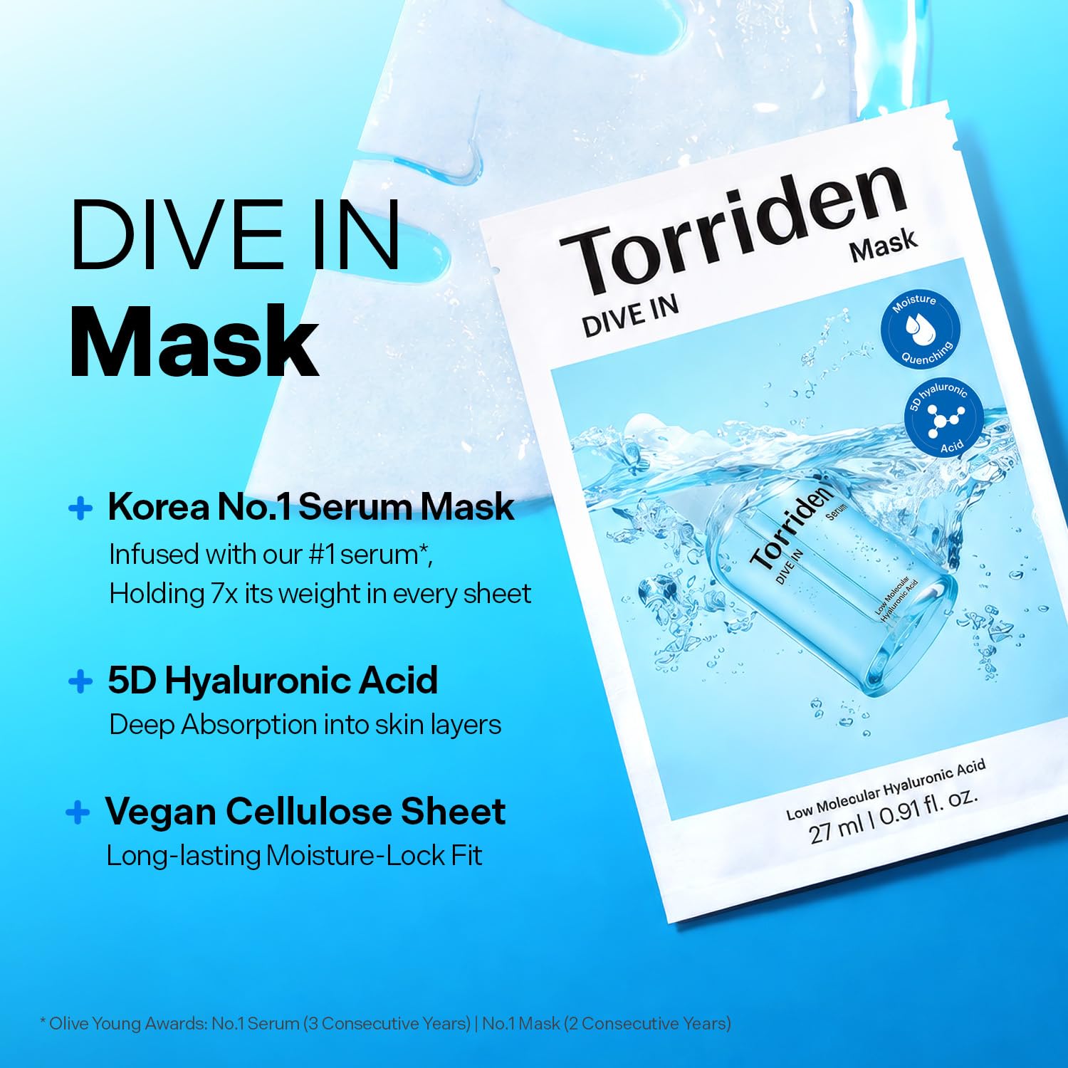 Detalle de Torriden P00000DS DIVE IN Hyaluronic Acid Facial Mask, 10 Sheets, 5D Hydration