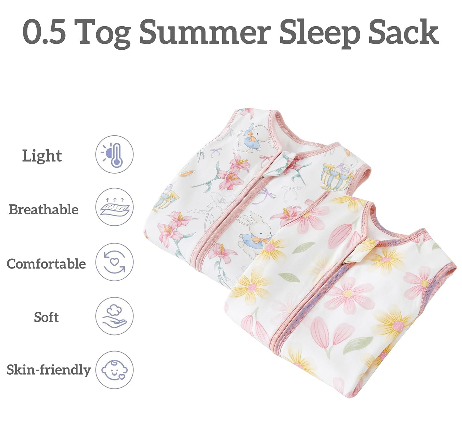 Detalle de Teechodina Baby Schlafsack mit Füßen Sommer 0.5 Tog – 2er Pack (70 cm, Baumwolle, Füße)