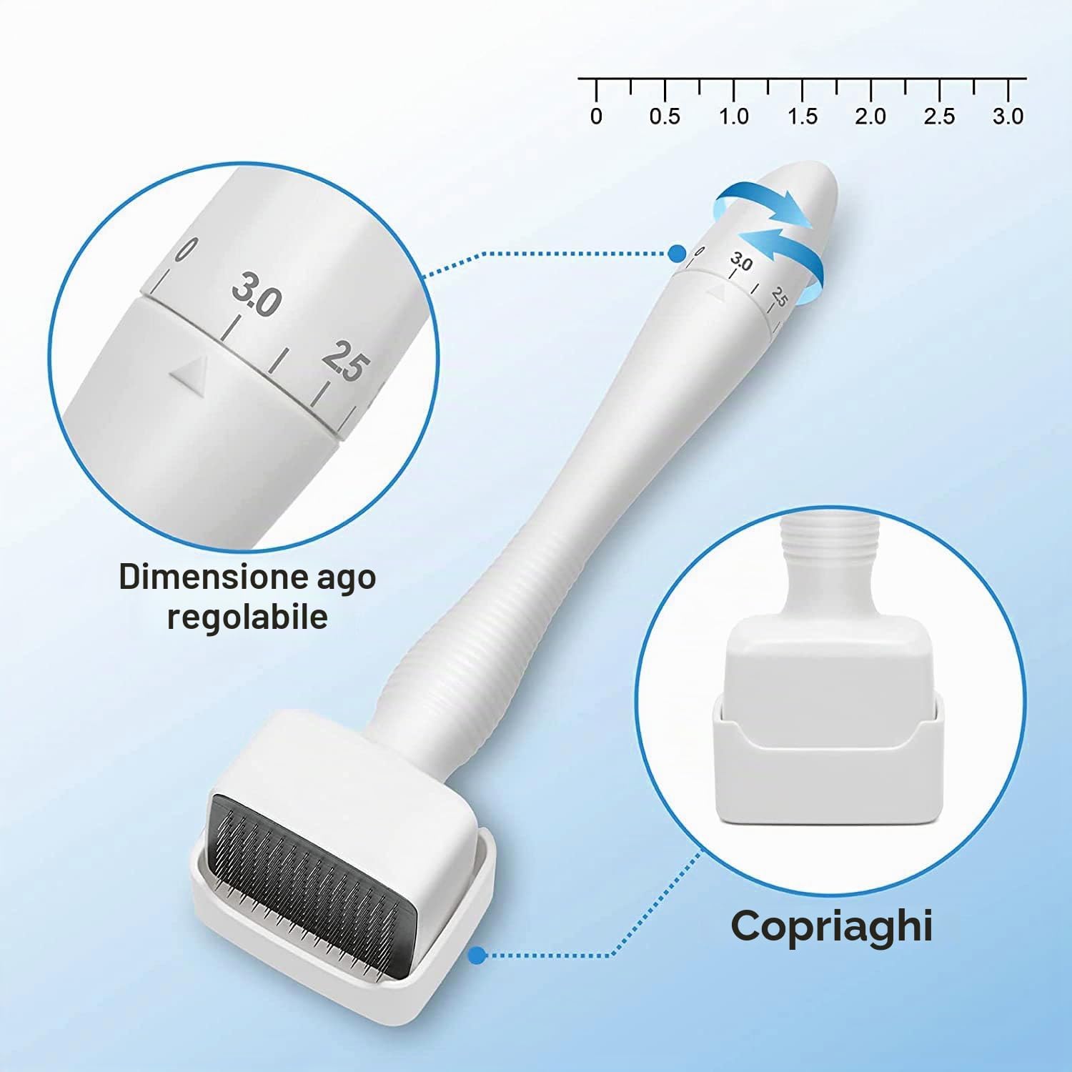 Detalle de Timbro Dermastamp Derma Stamp Regolabile 0-3 mm Professionale con 140 aghi in Titanio – Uso Viso, Capelli, Barba e Corpo