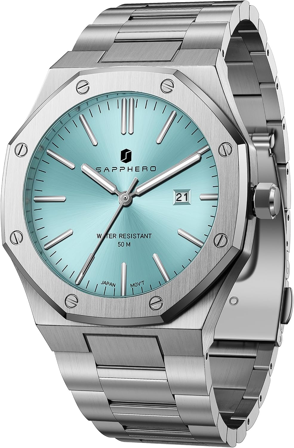 Imagen de SAPPHERO Montre pour Hommes en Acier Inoxydable — Montre 50M, boîtier octogonal, quartz japonais, avec date et luminosité en OfertitasTOP